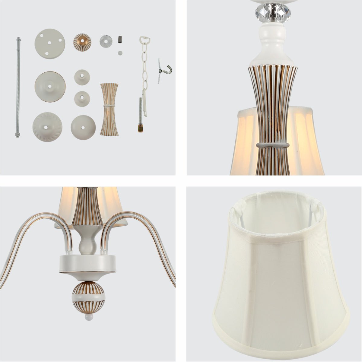 Detailed shots of Off White Fabric Shaded Gold Aged Ivory Traditional Retro Vintage Classic Chandelier Ceiling Light with 3xE14 Fitting | TEKLED 159-17834