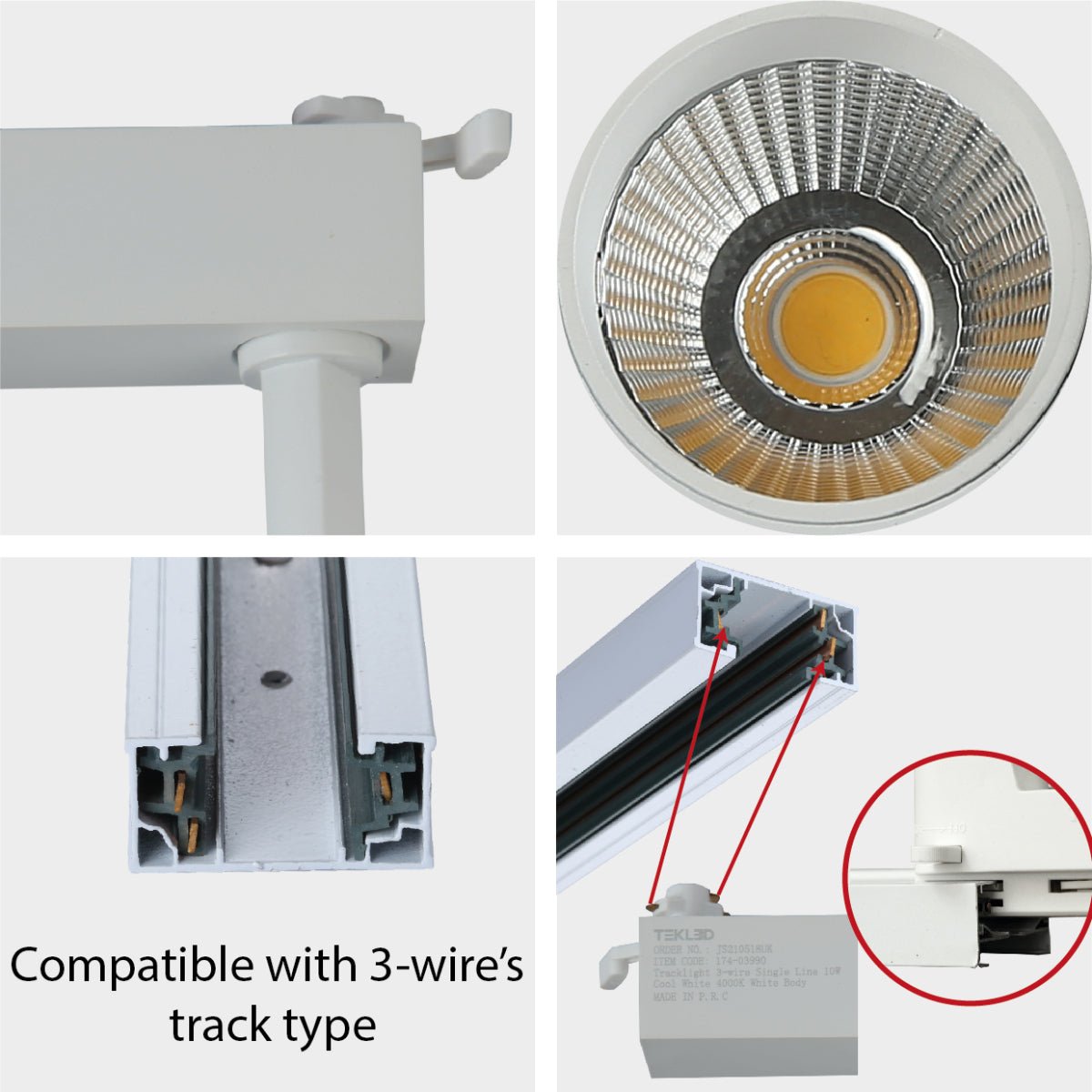 Detailed shots of Tracklight 3-wire Single Line 10W Cool White 4000K White Body | TEKLED 174-03990 shows the compatible track