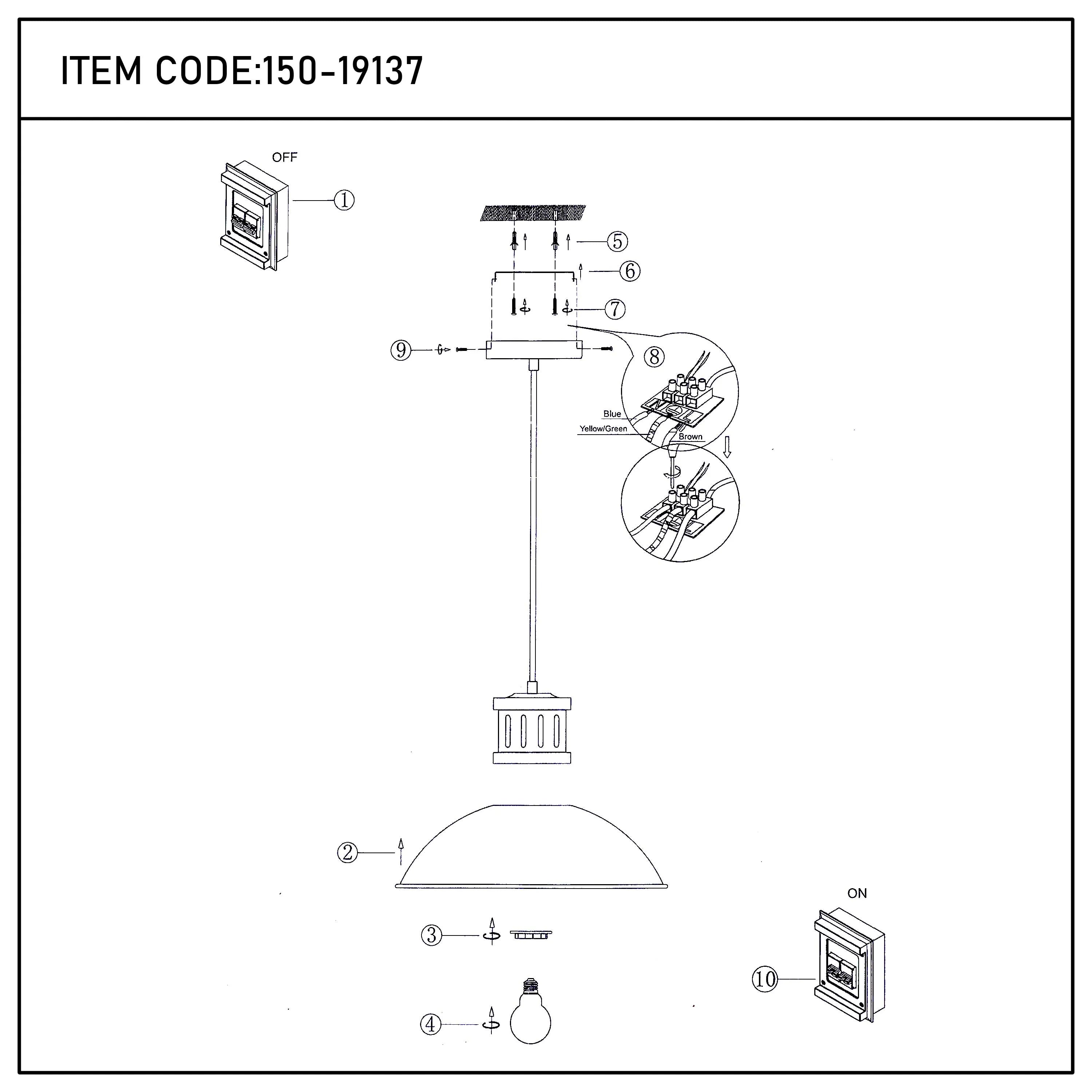 Technical diagram of a pendant light, featuring various components. Includes wiring, screws, and lightbulb.