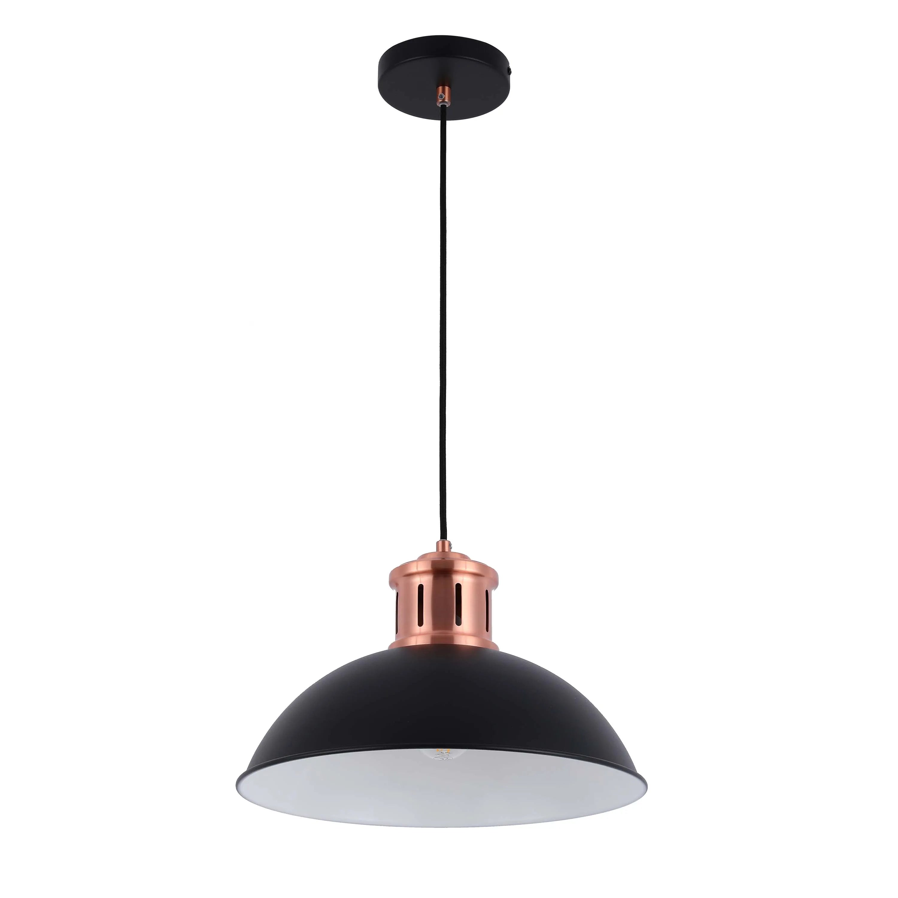 A modern, black dome pendant light with a copper accent and white interior.