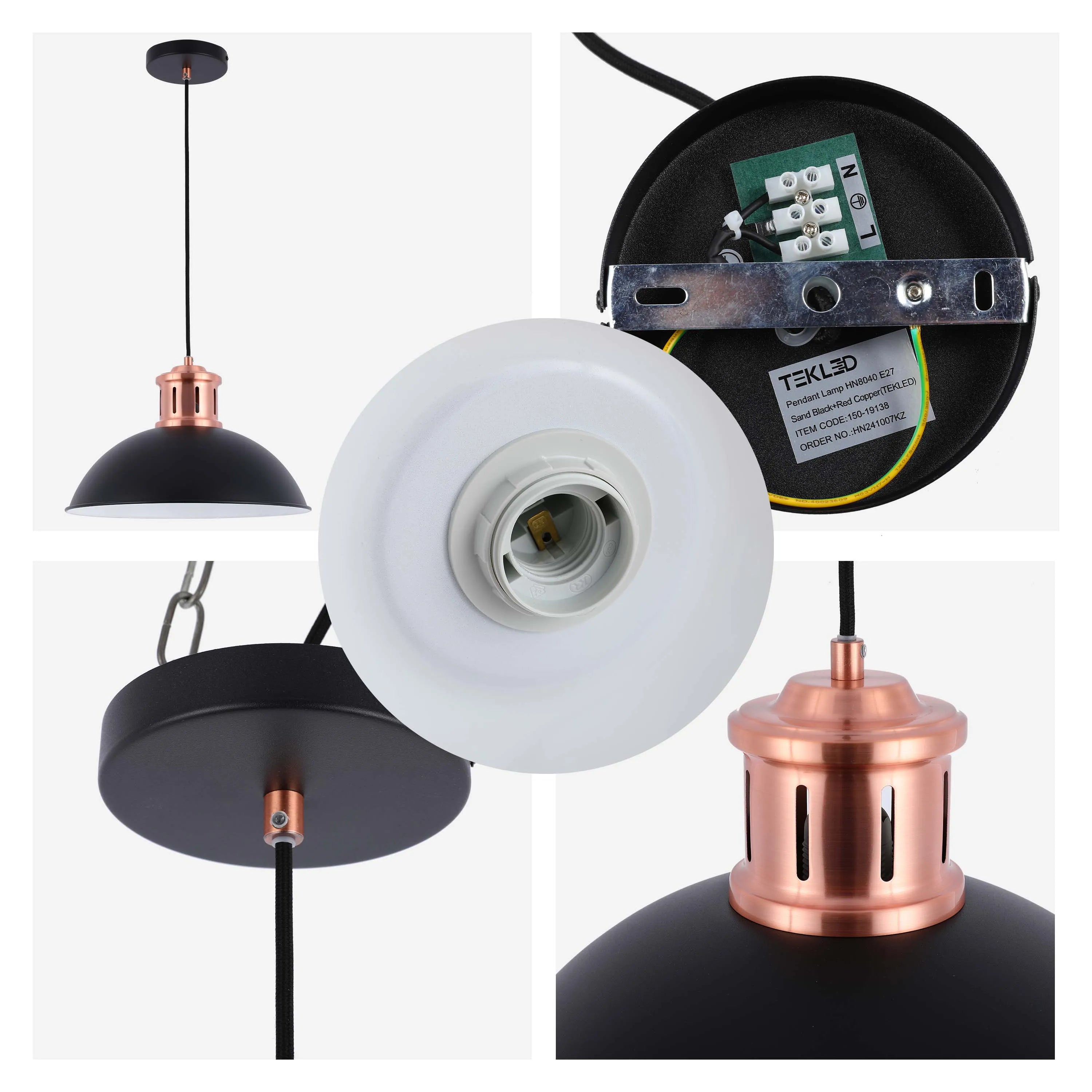 A stylish pendant light with a black shade and copper detailing, providing focused illumination for any modern interior.