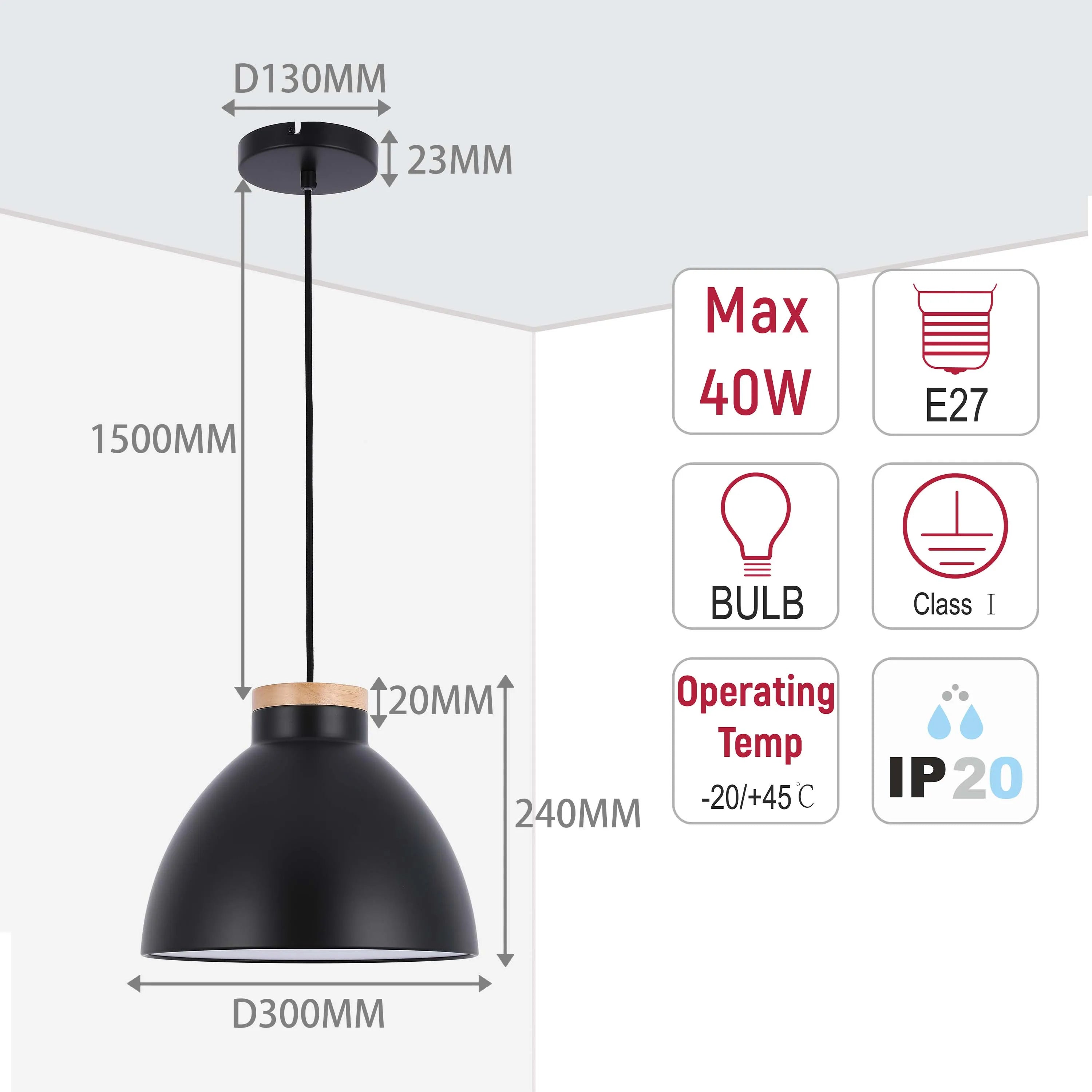 Stylish pendant light with measurements. Max 40W, E27 bulb fitting, and IP20 rating.