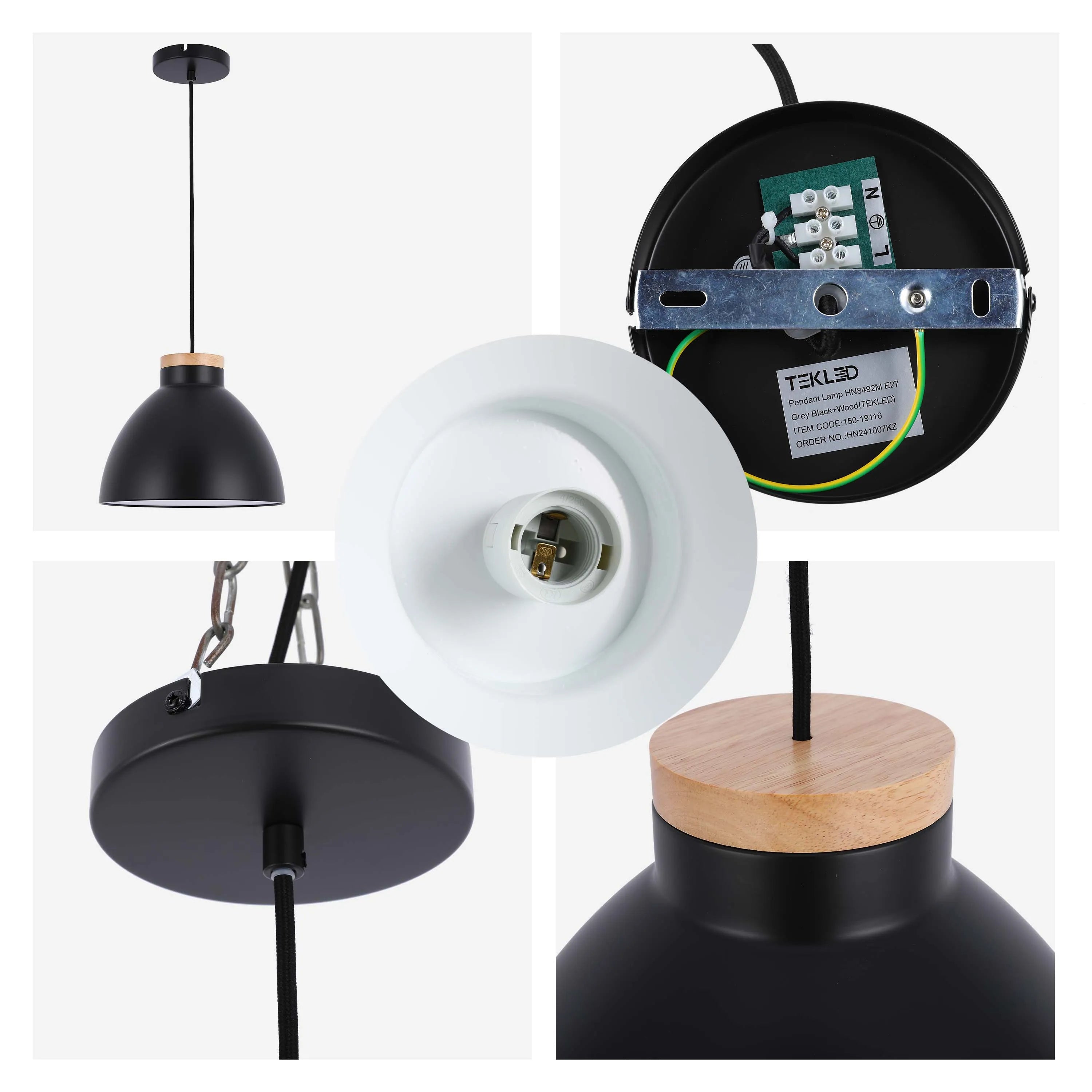 A modern pendant light with a black lampshade and wooden top, offering both style and functionality for any interior.