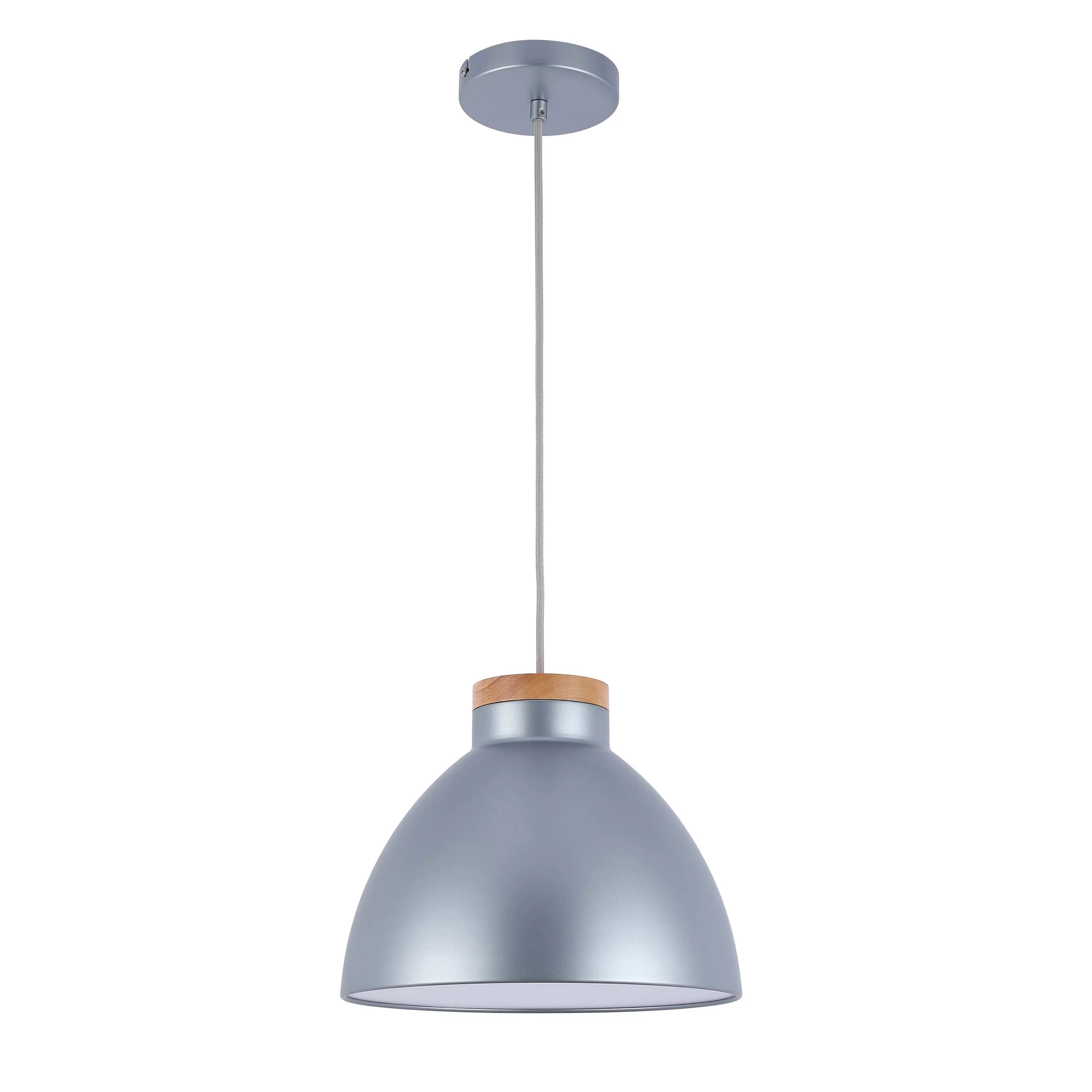 A modern pendant light with a silver dome and wood trim. Perfect for adding a stylish touch to any room.