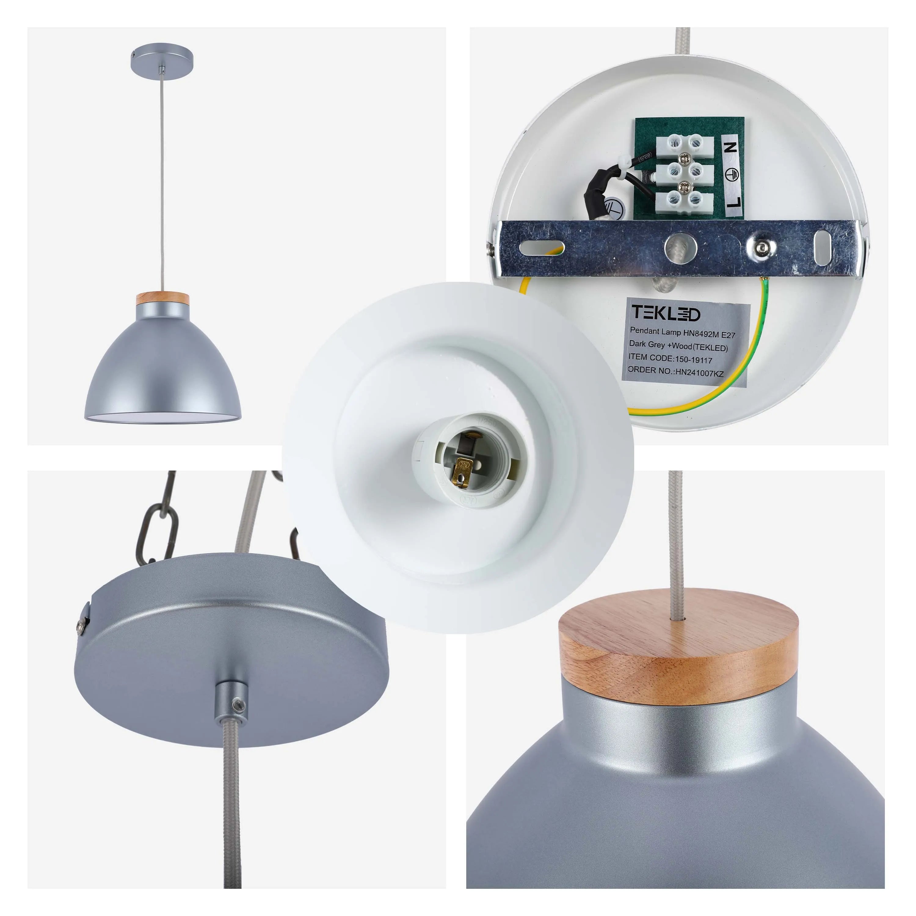 Grey pendant light with a wood trim, featuring a close-up of the interior wiring and bulb fixture.