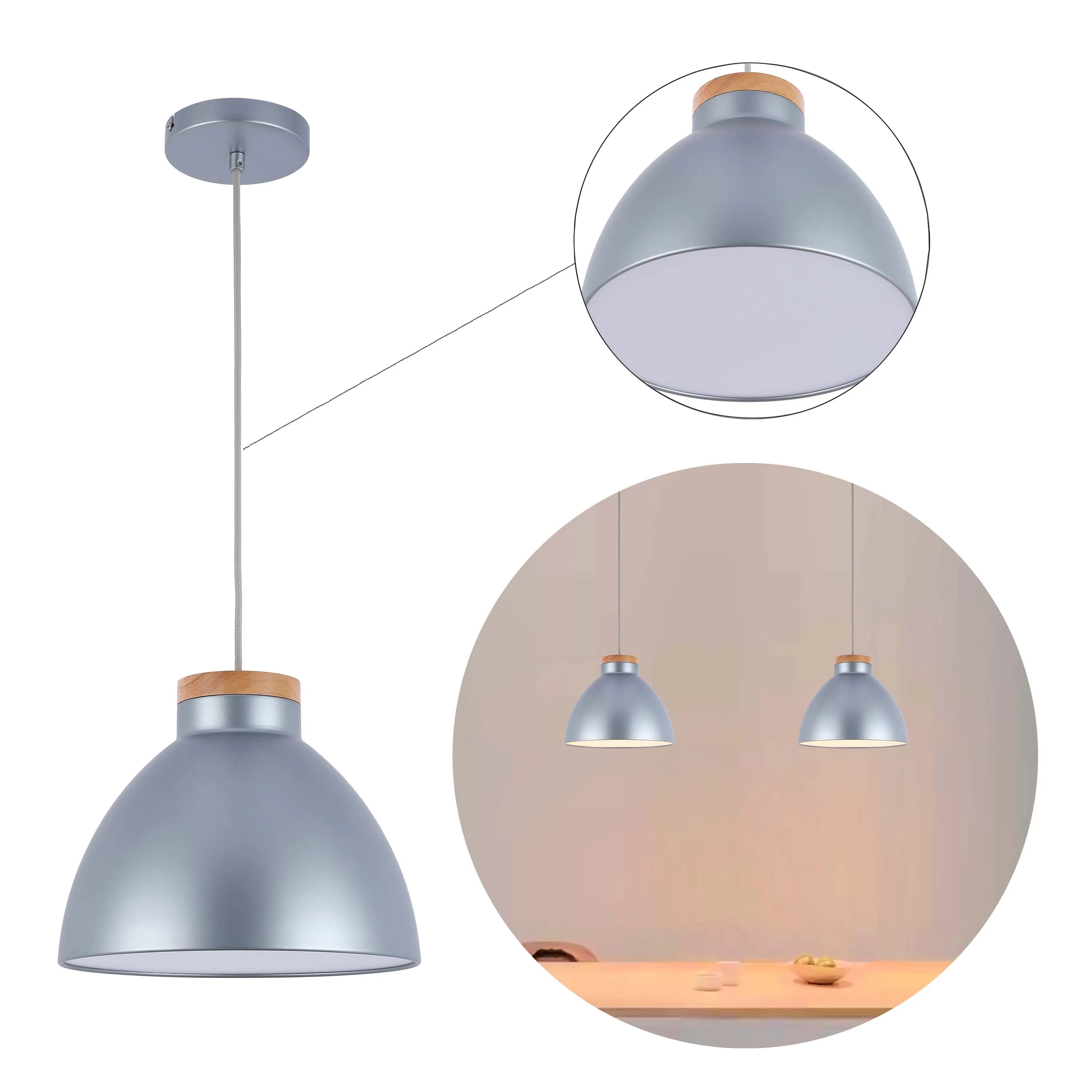 Silver pendant lighting with wooden detailing, displayed as a single light and in a pair.