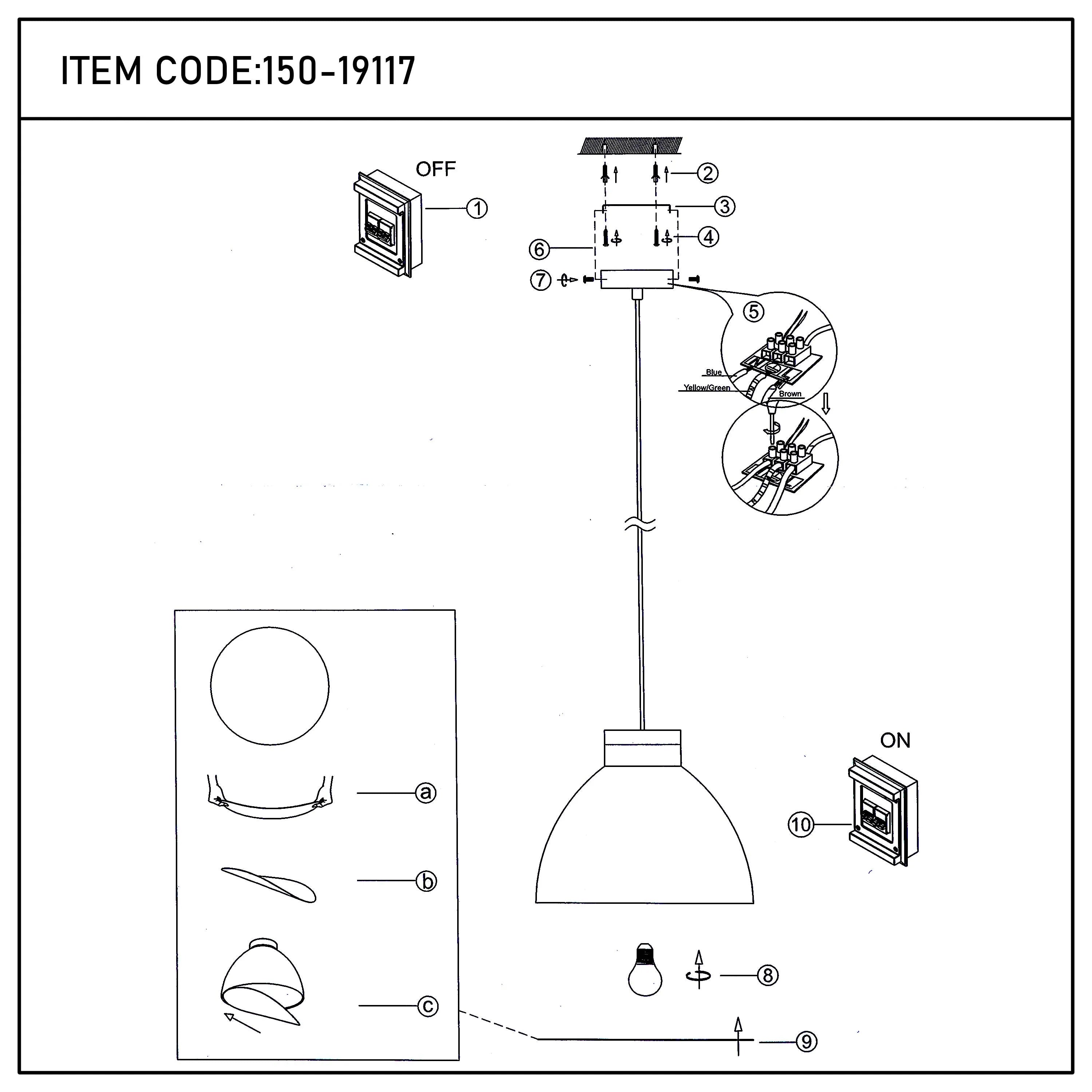 A pendant light fitting diagram with numbered steps for installation. Includes assembly and electrical wiring instructions.