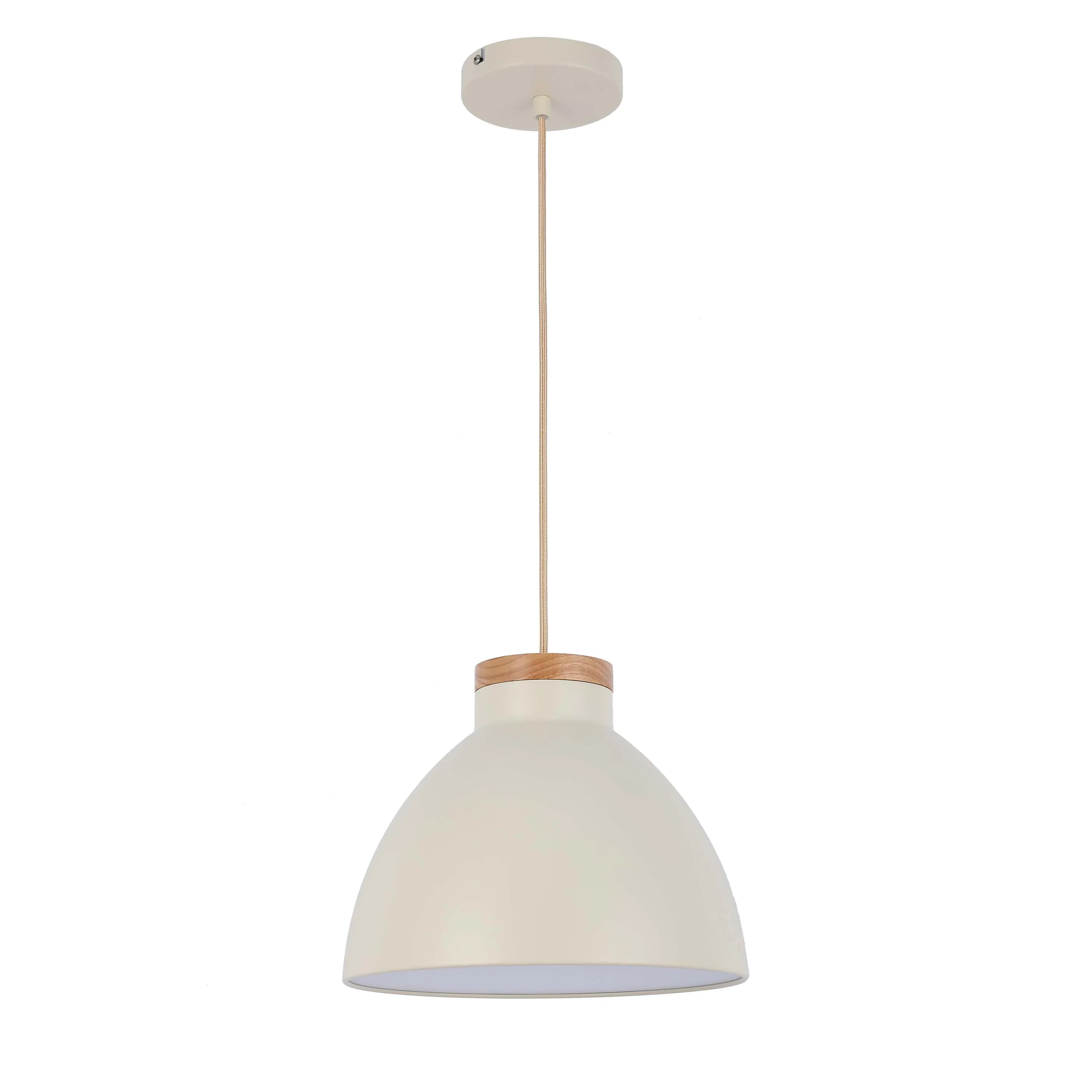 A cream coloured dome shaped pendant light with wood detail, suspended from a matching ceiling rose.