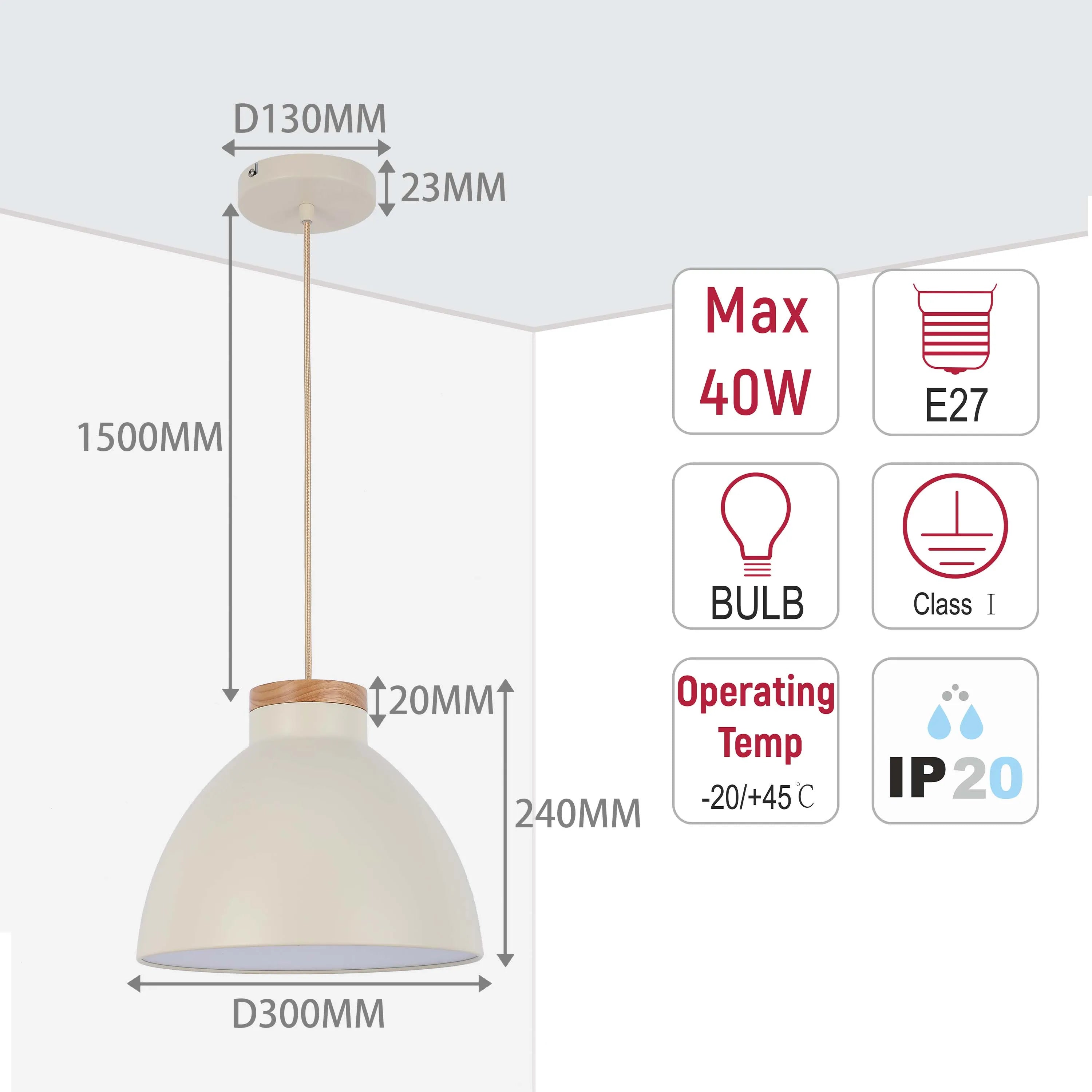 Stylish pendant light: D300mm shade, D130mm ceiling fitting, 1500mm drop. E27 bulb, max 40W.