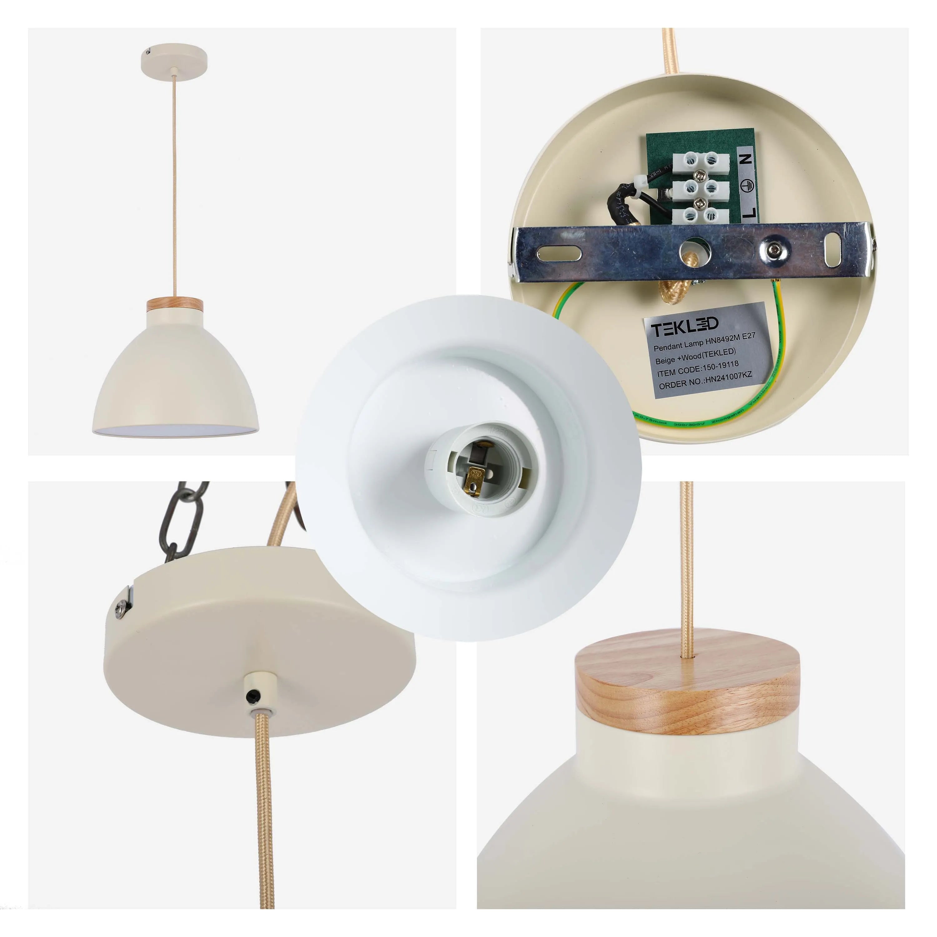 A cream pendant light with a wooden accent and a woven cable. Versatile lighting for any space.