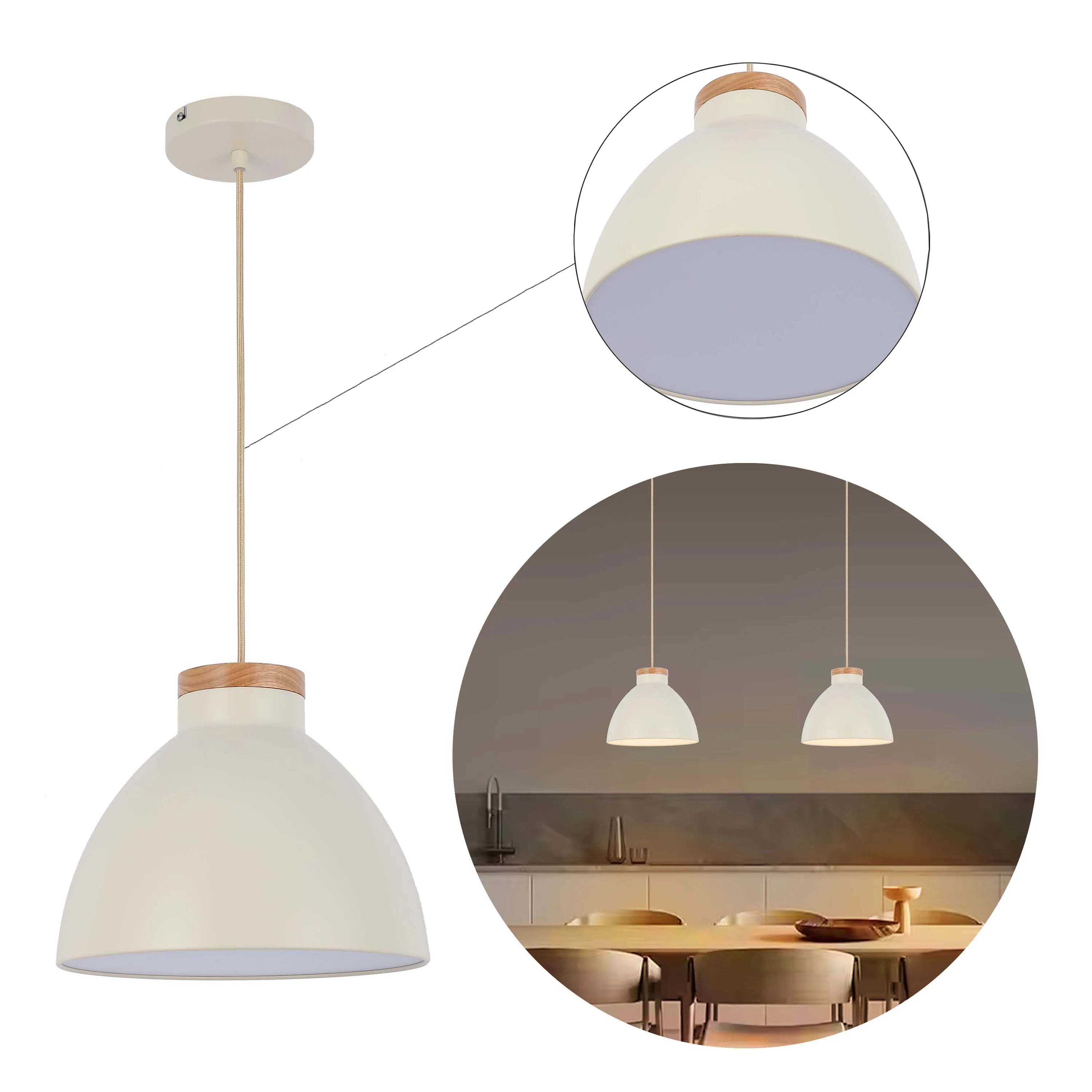 A cream pendant light with a wooden accent piece, suspended above a dining table in a modern kitchen.