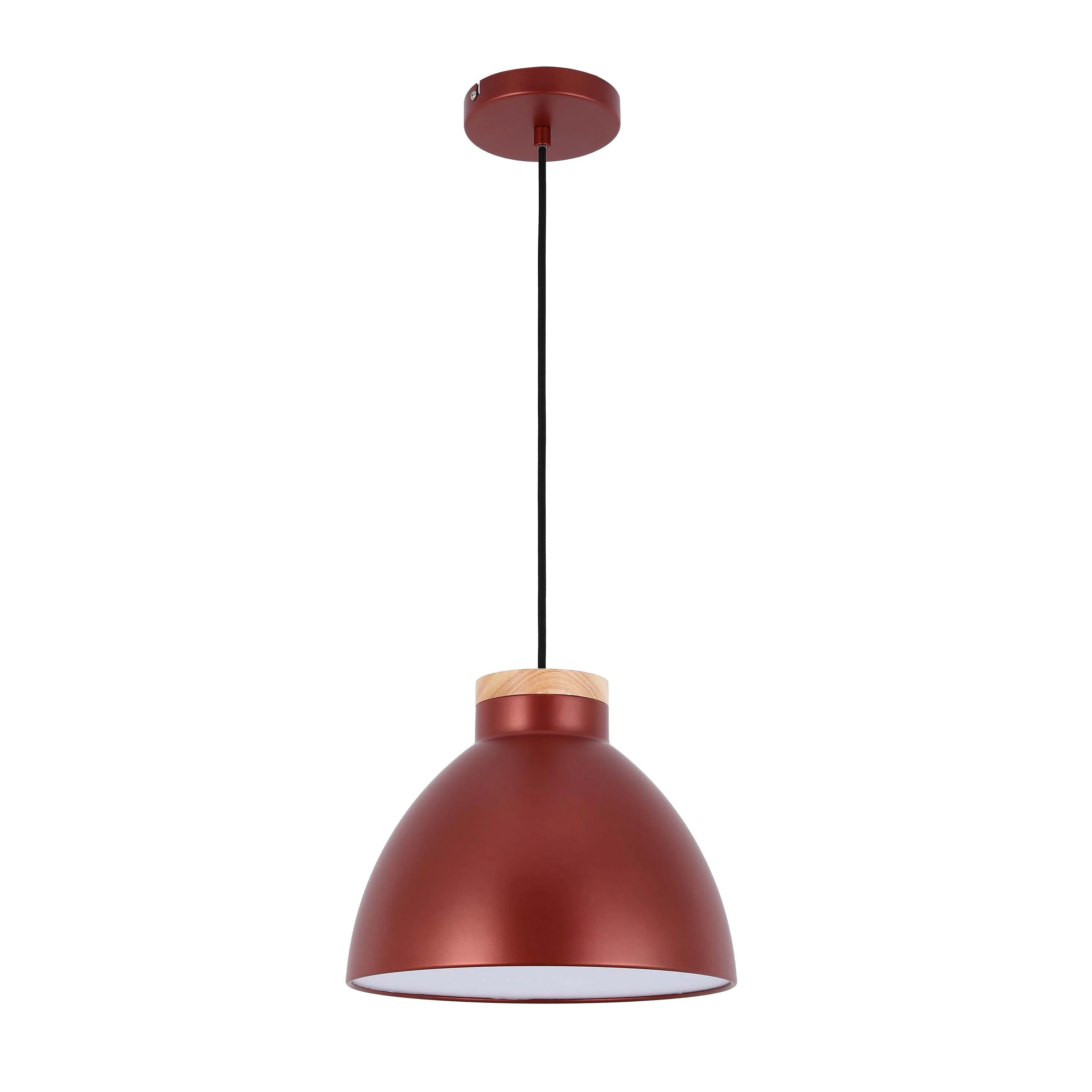 A single copper coloured pendant light with a wooden attachment and a black cable, isolated on a white backdrop.