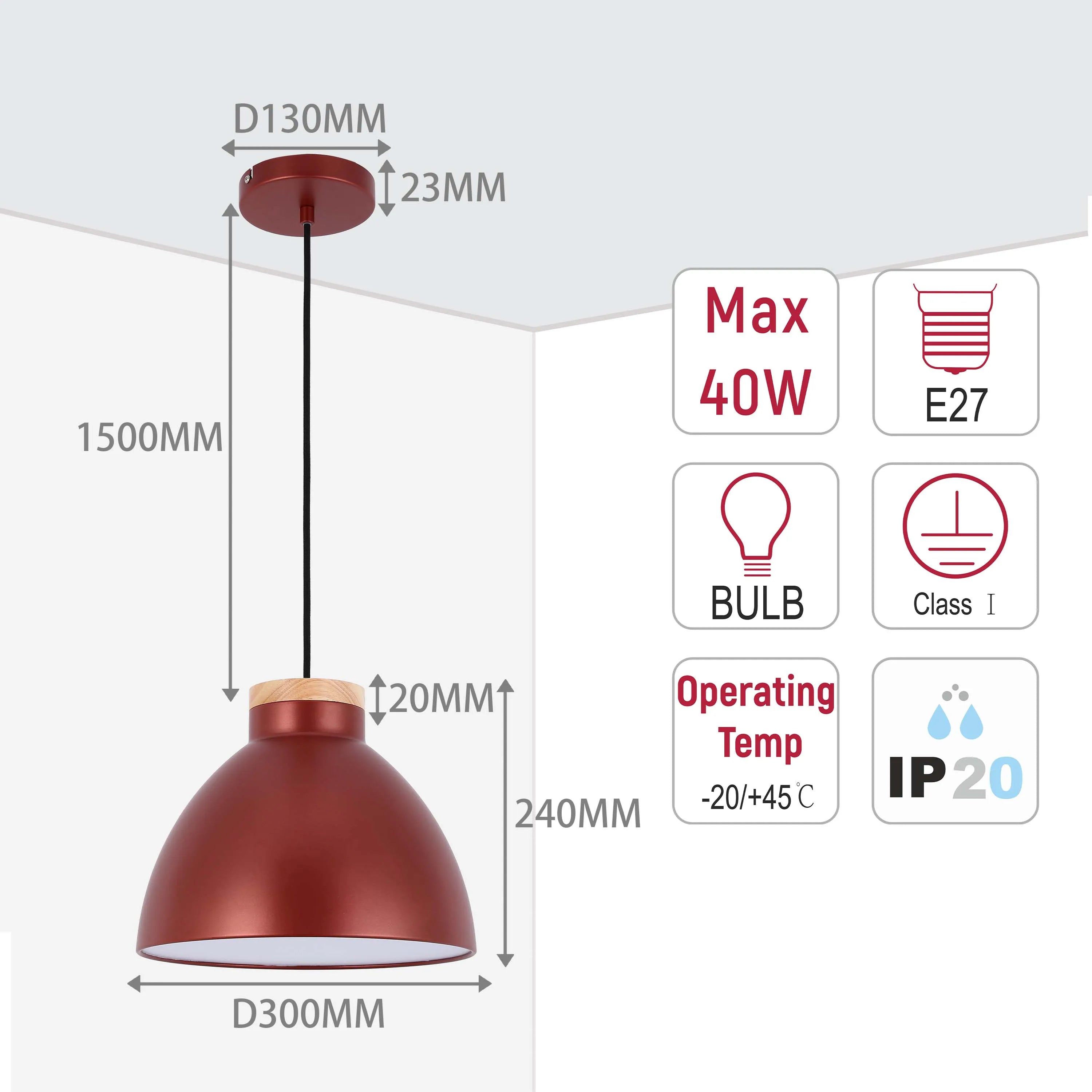 A pendant light is shown with dimensions. It's red with a wooden top, and takes an E27 bulb with a max 40W.