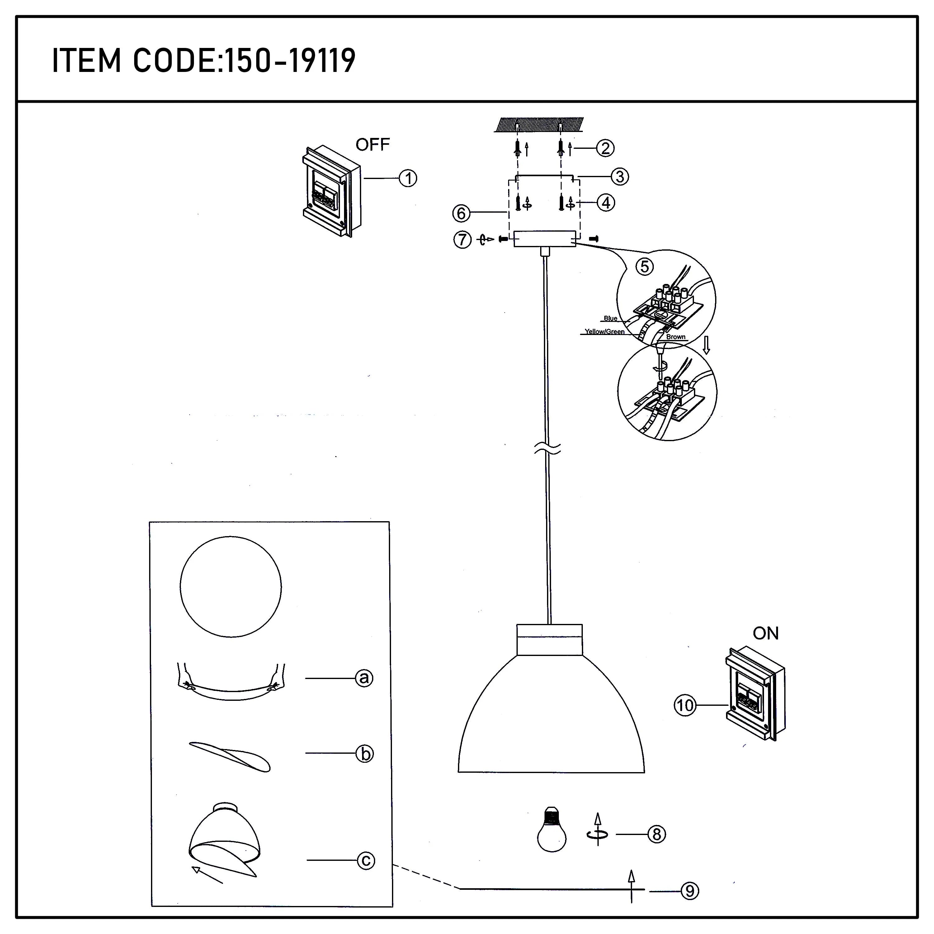 A pendant light installation guide. Includes an off/on switch, ceiling mounts and wiring diagrams. Shows how to assemble and wire.