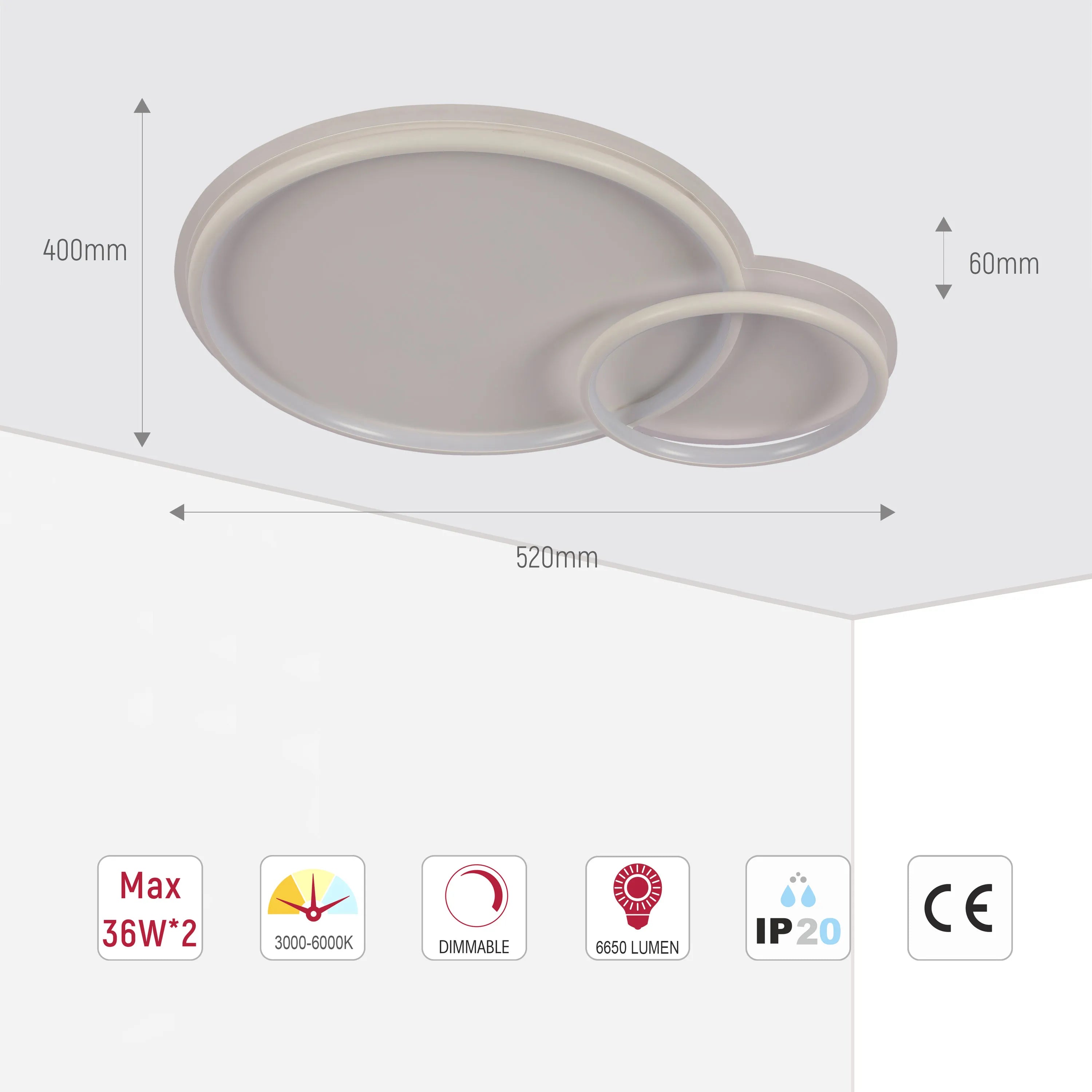 Dual-Ring LED Ceiling Light, CCT Tunable Dimmable with Remote, Flush Mount, LED Flush Ceiling Light, TEKLED