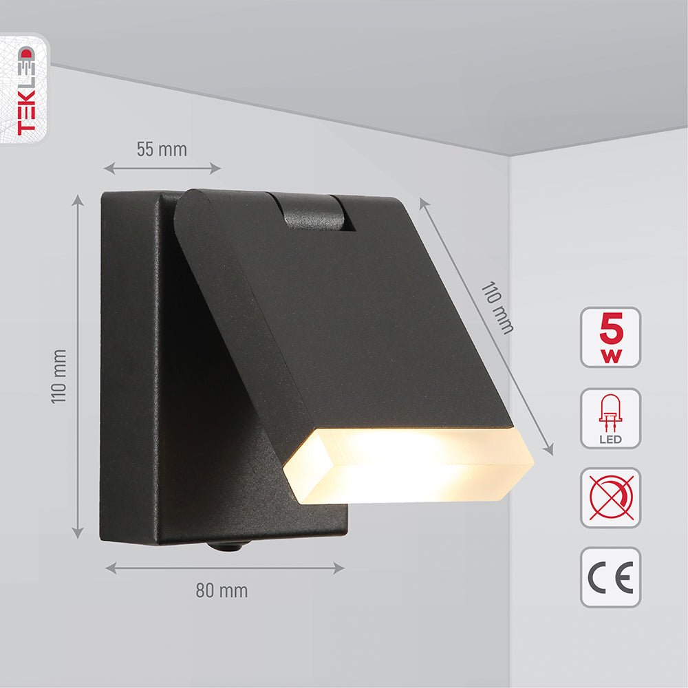 Tehcnical specifications and dimensions of Flat Black Aluminium LED Swing Wall Light 5W Warm White