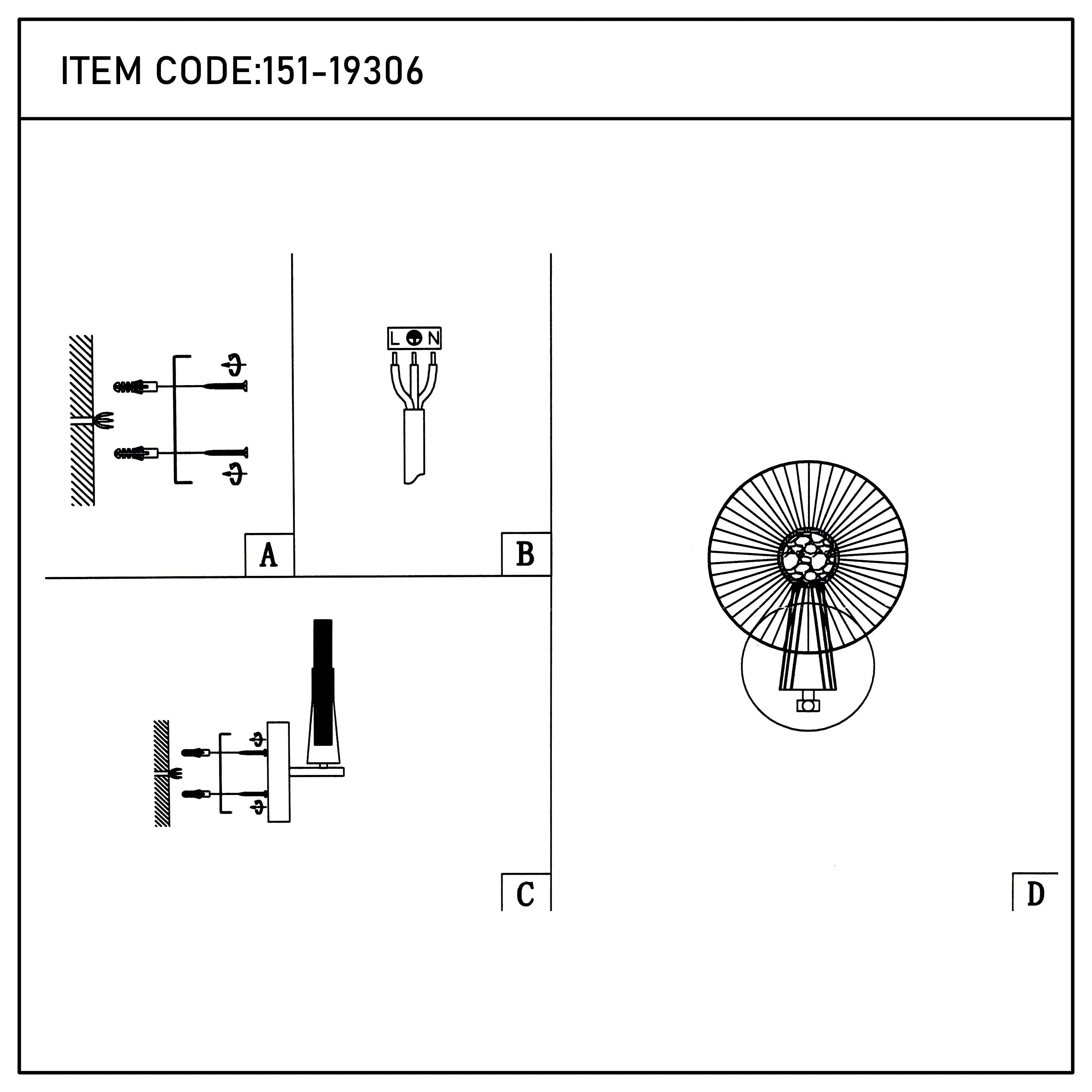Technical diagram of the ceiling light fixture, showing wiring, and wall mounting hardware.