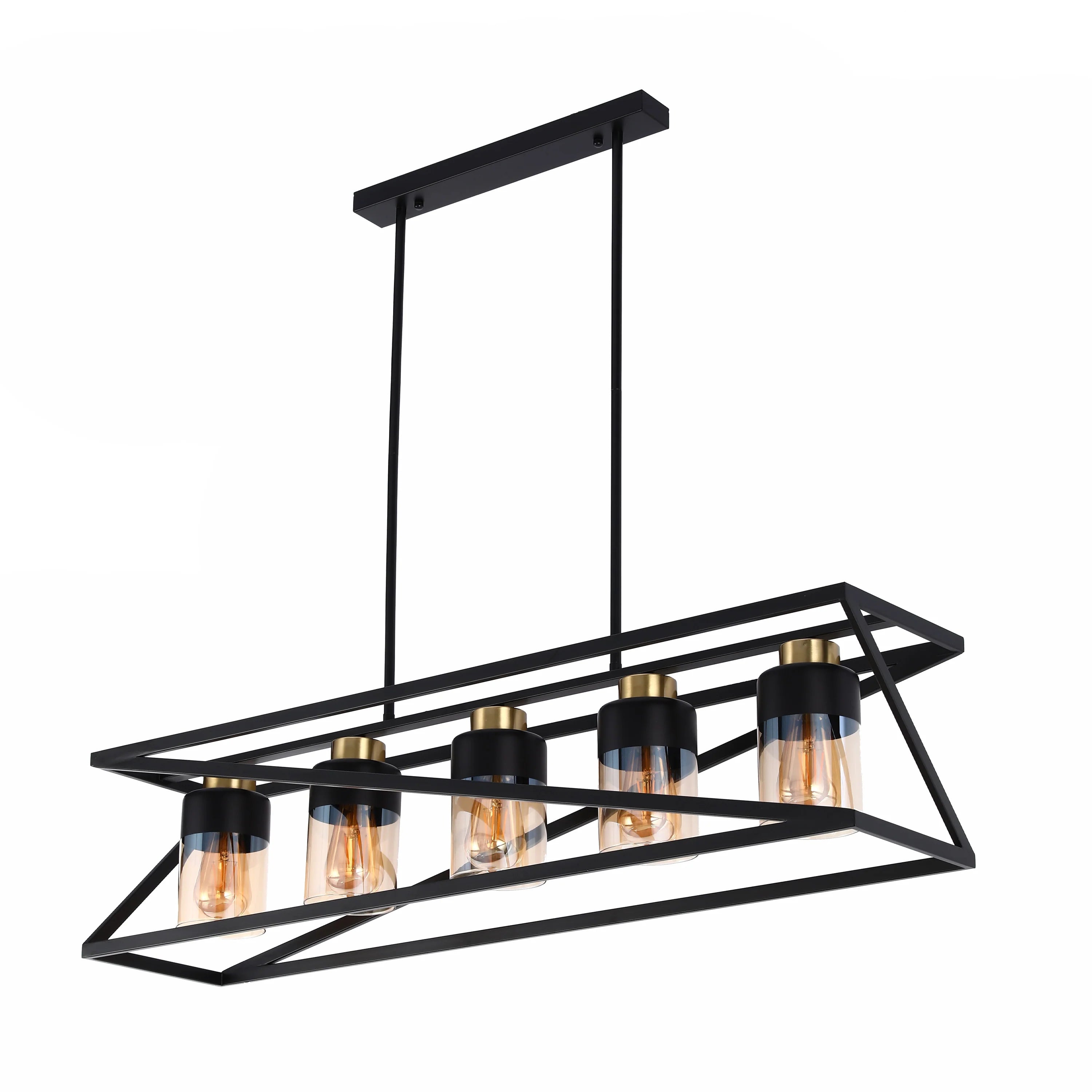 A stylish, black five-light pendant with glass shades, perfect for a modern dining room or kitchen island.