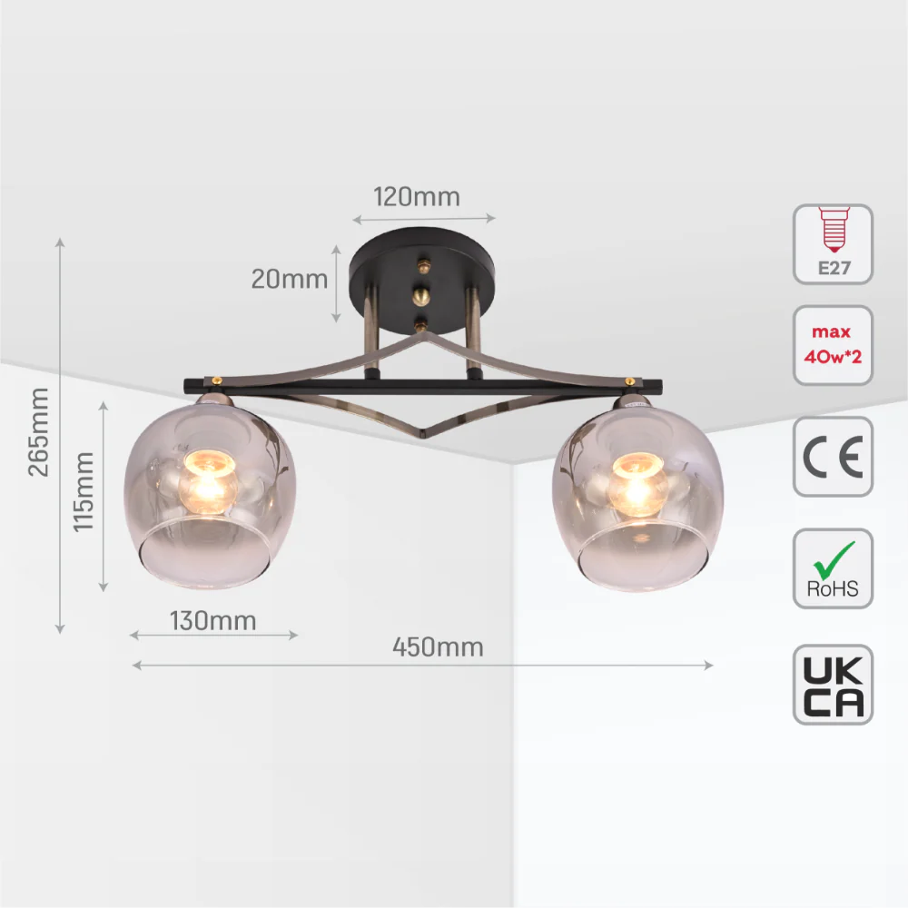 Size and tech specs of Geometric Starburst Faded Smoky Grey Globe Black & Bronze Ceiling Light | TEKLED 159-179983