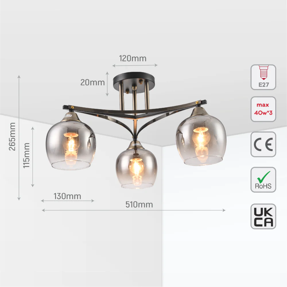Size and tech specs of Geometric Starburst Faded Smoky Grey Globe Black & Bronze Ceiling Light | TEKLED 159-179984