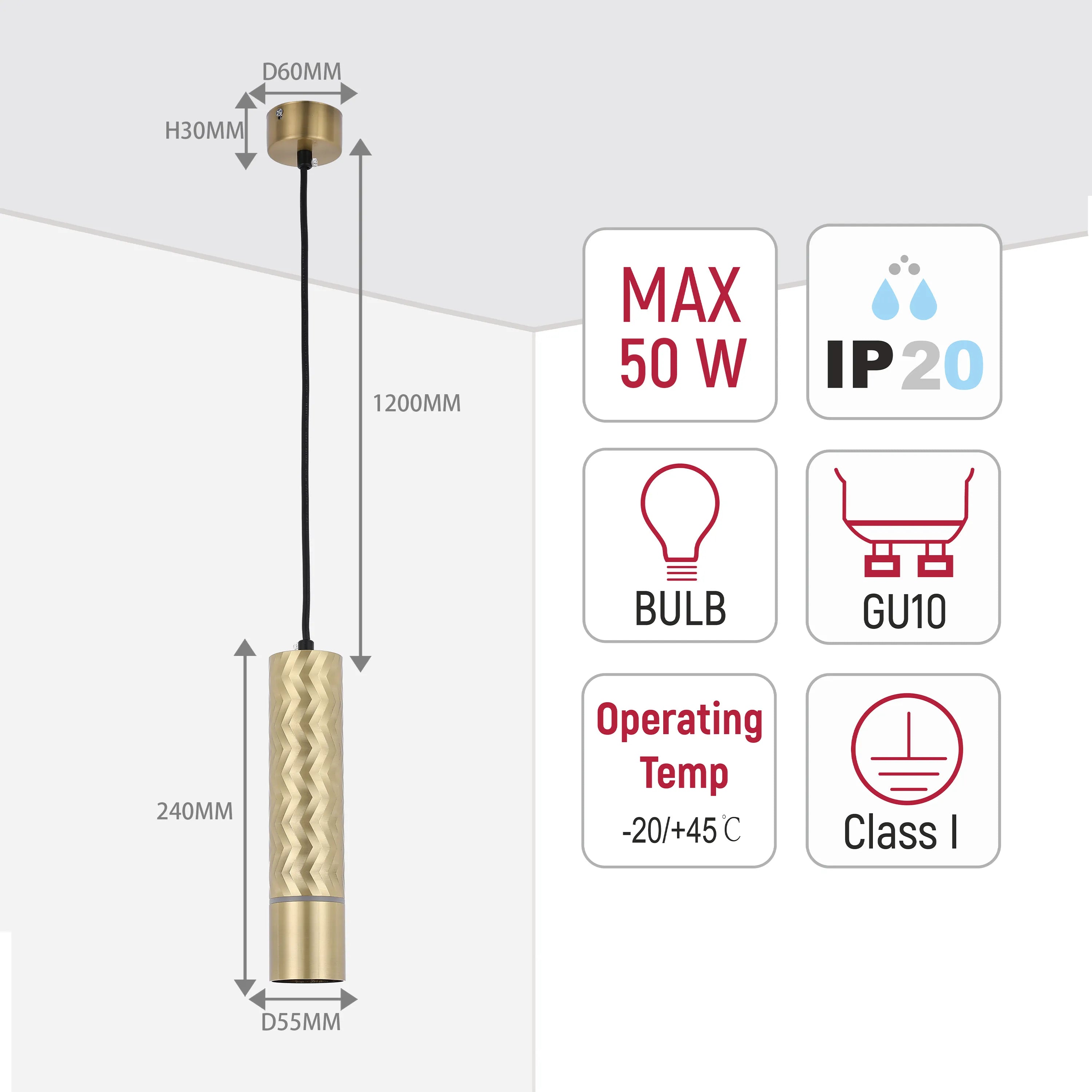 A sleek, gold pendant light with textural detailing. Dimensions and technical specifications also displayed.