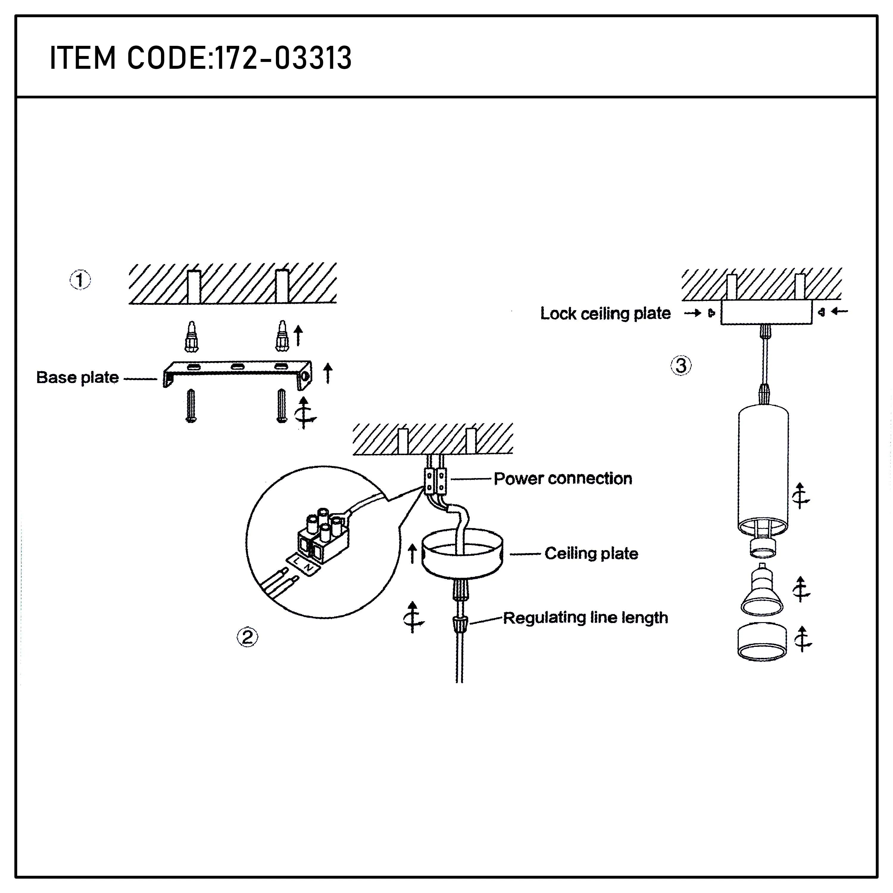 A pendant light fitting diagram shows the components and assembly of this ceiling light, item code 172-03313.