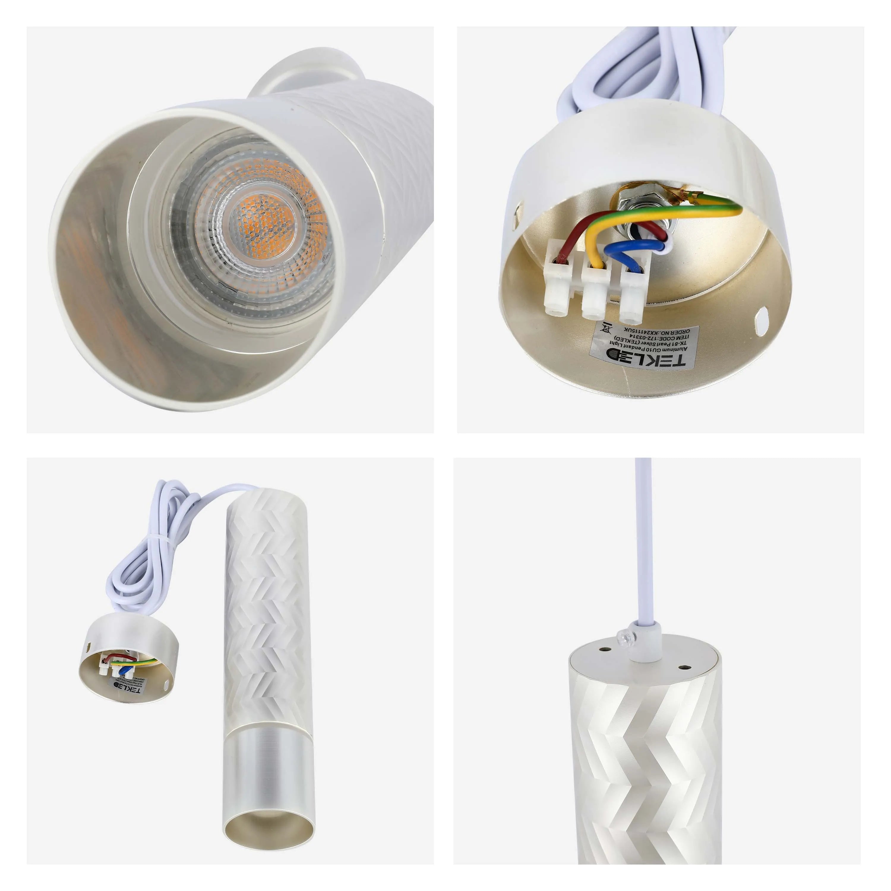 A modern, textured, pearl silver GU10 pendant light with a white cable and internal wiring visible in some shots.