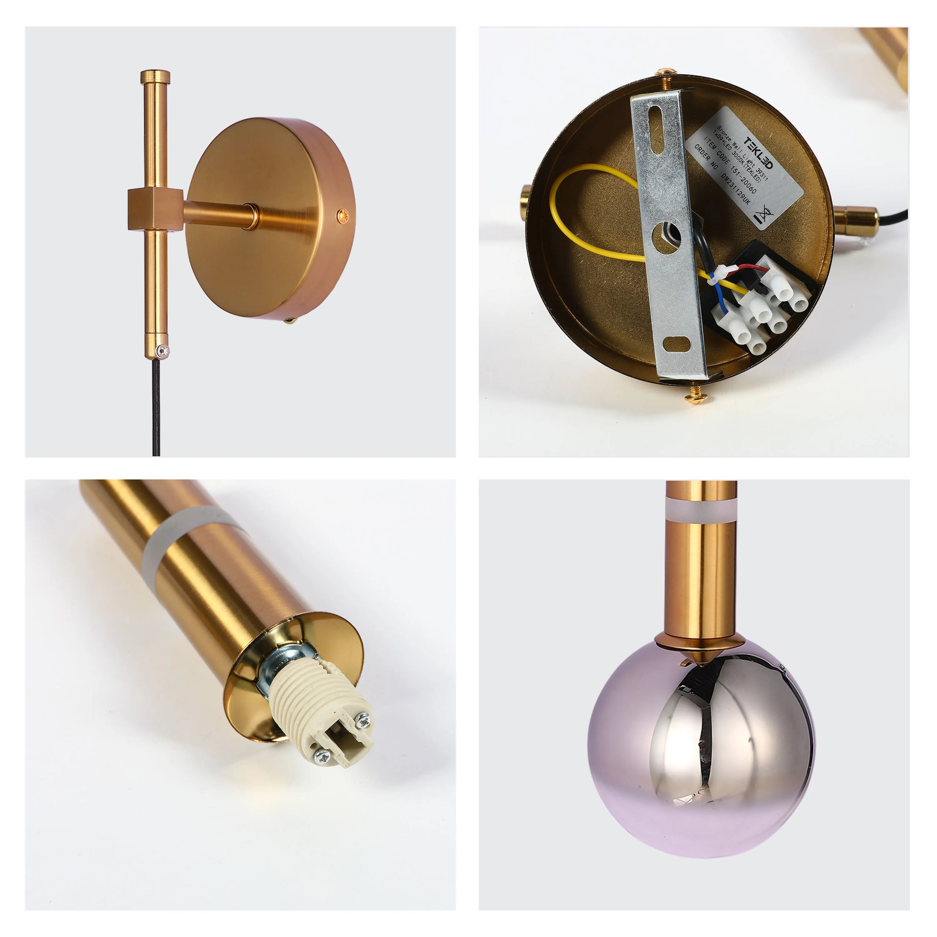 Close-up of a modern, gold-tone wall light with a spherical shade. It features an internal bulb fitting and visible wiring.