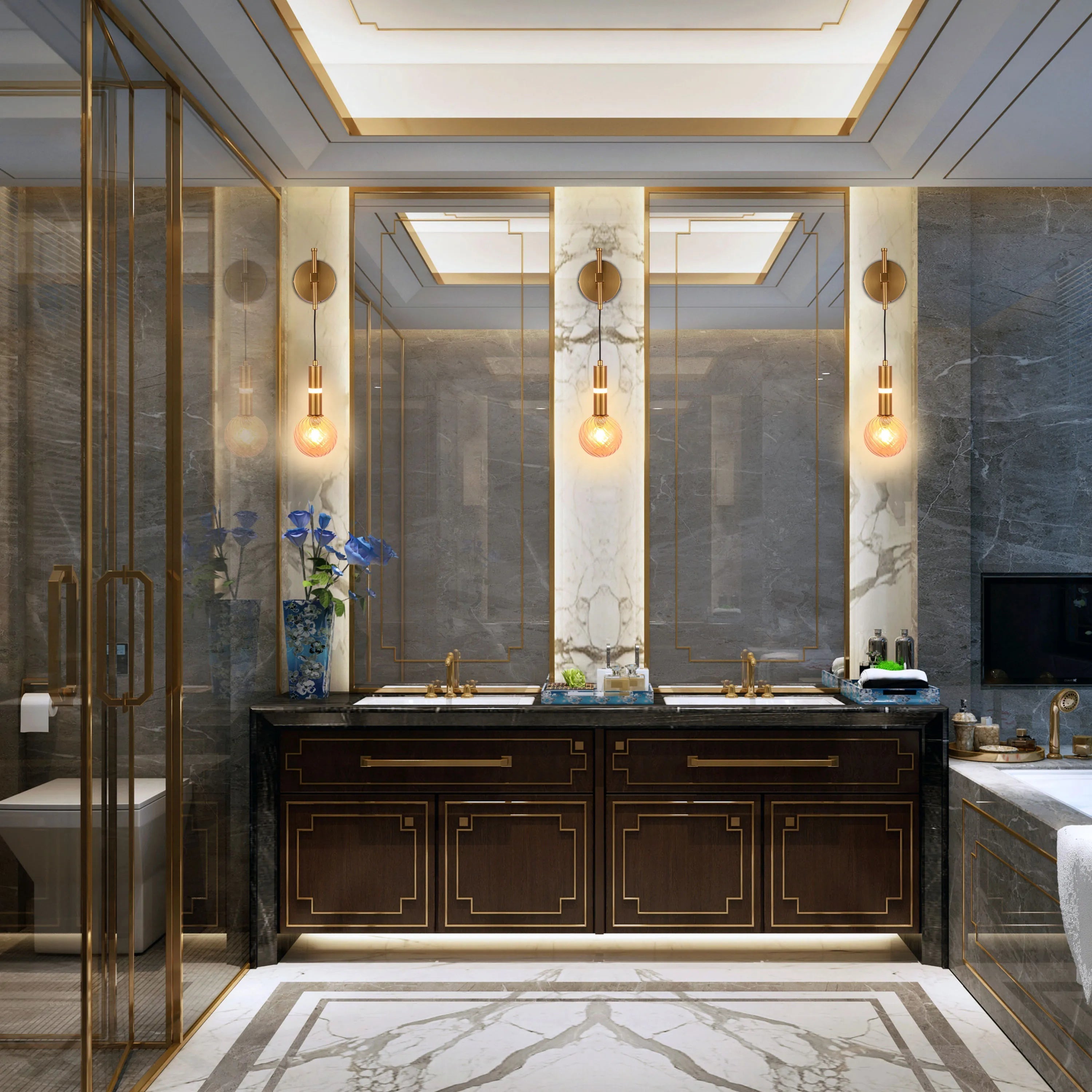 A lavish bathroom with statement lighting. Two wall sconces with exposed bulbs light the vanity area.