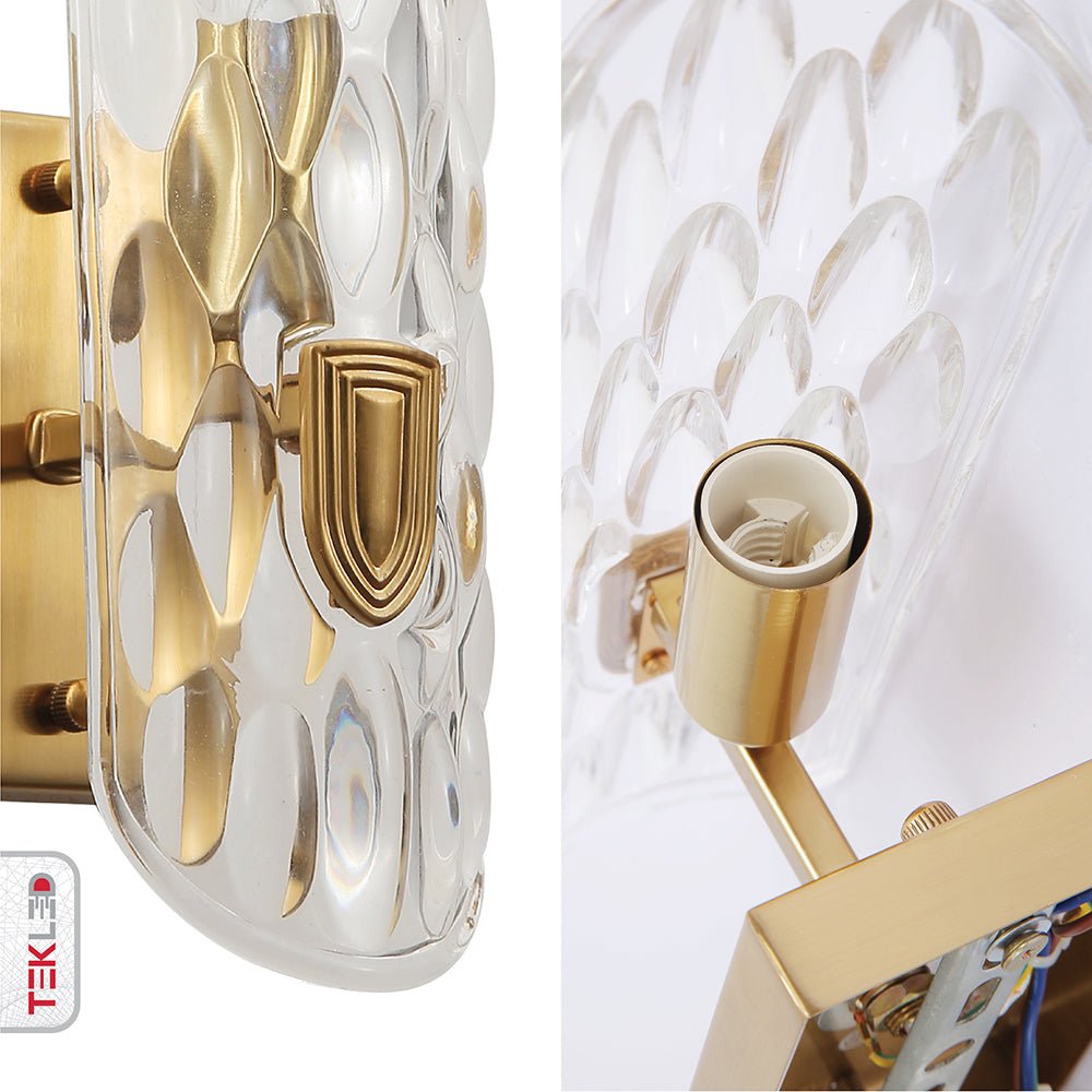 Detailed captures of Gold Aluminium Bronze Metal Clear Glass Wall Light with E14 Fitting