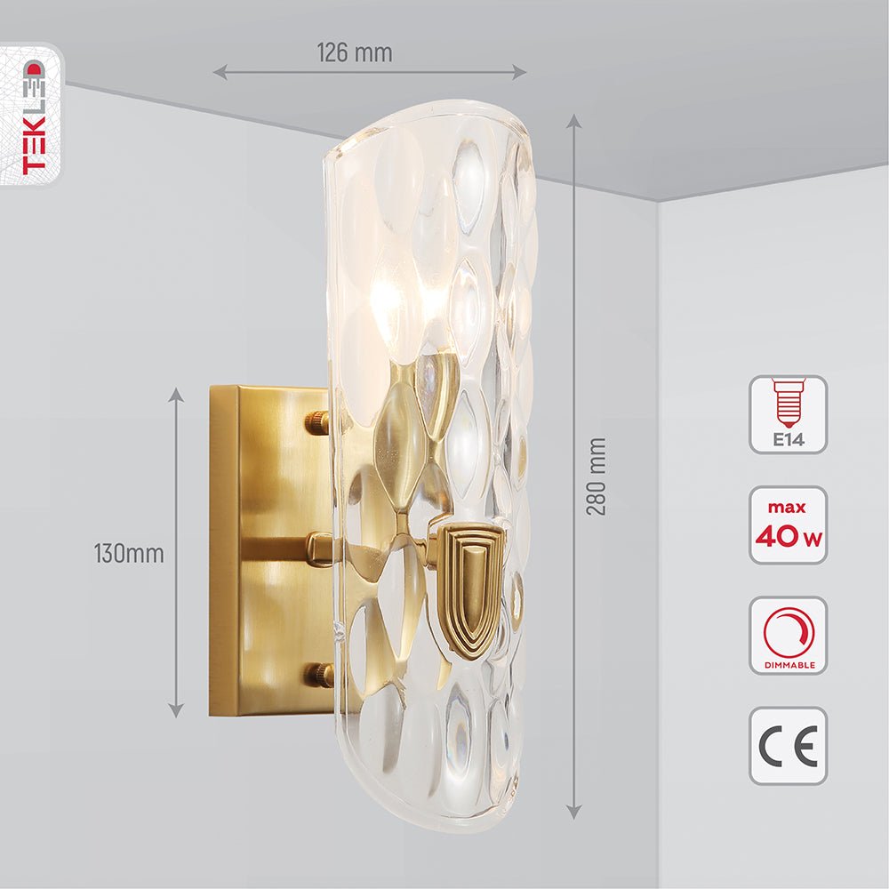 Tehcnical specifications and dimensions of Gold Aluminium Bronze Metal Clear Glass Wall Light with E14 Fitting