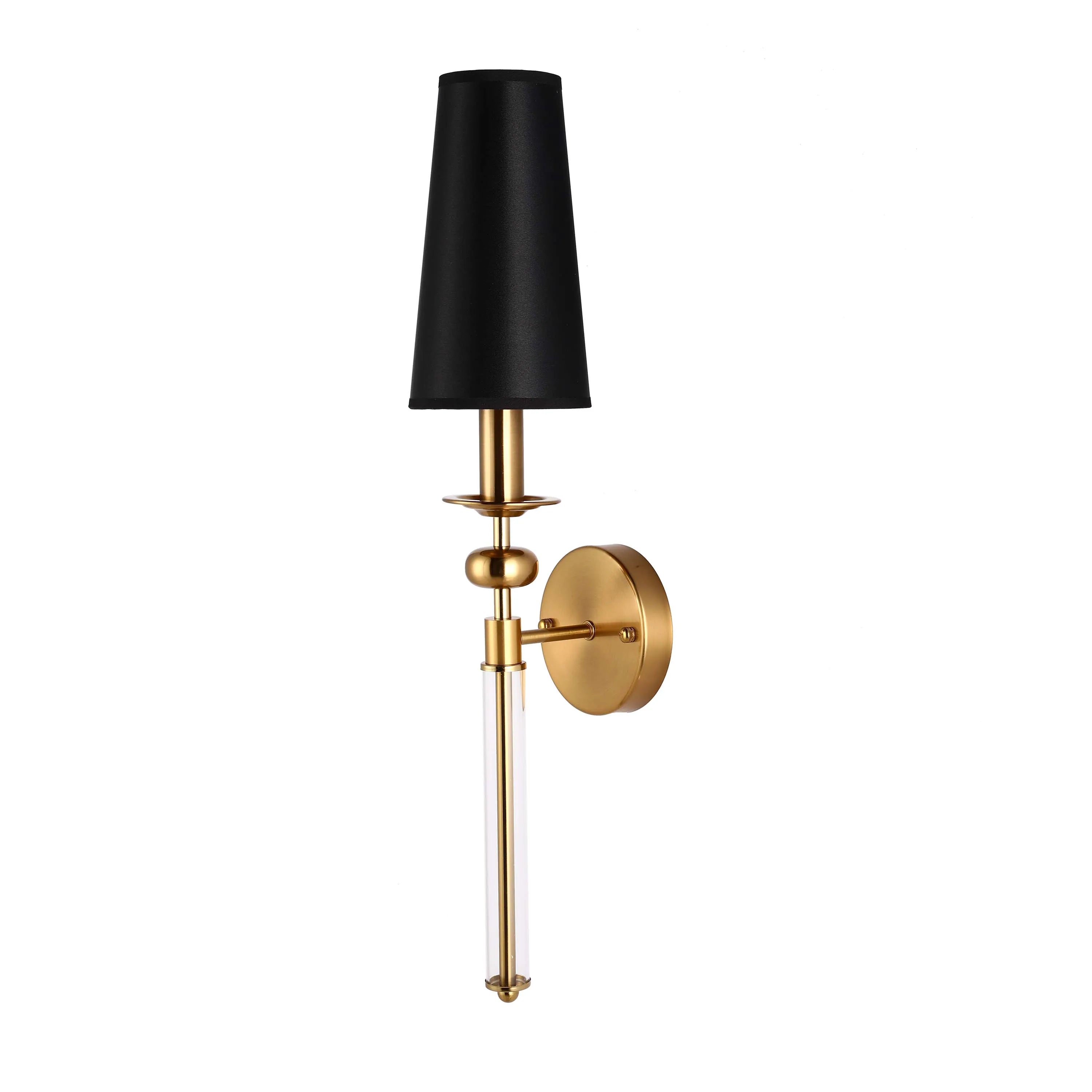 Gold wall light with a black lampshade. A stylish modern lighting fixture for any room.