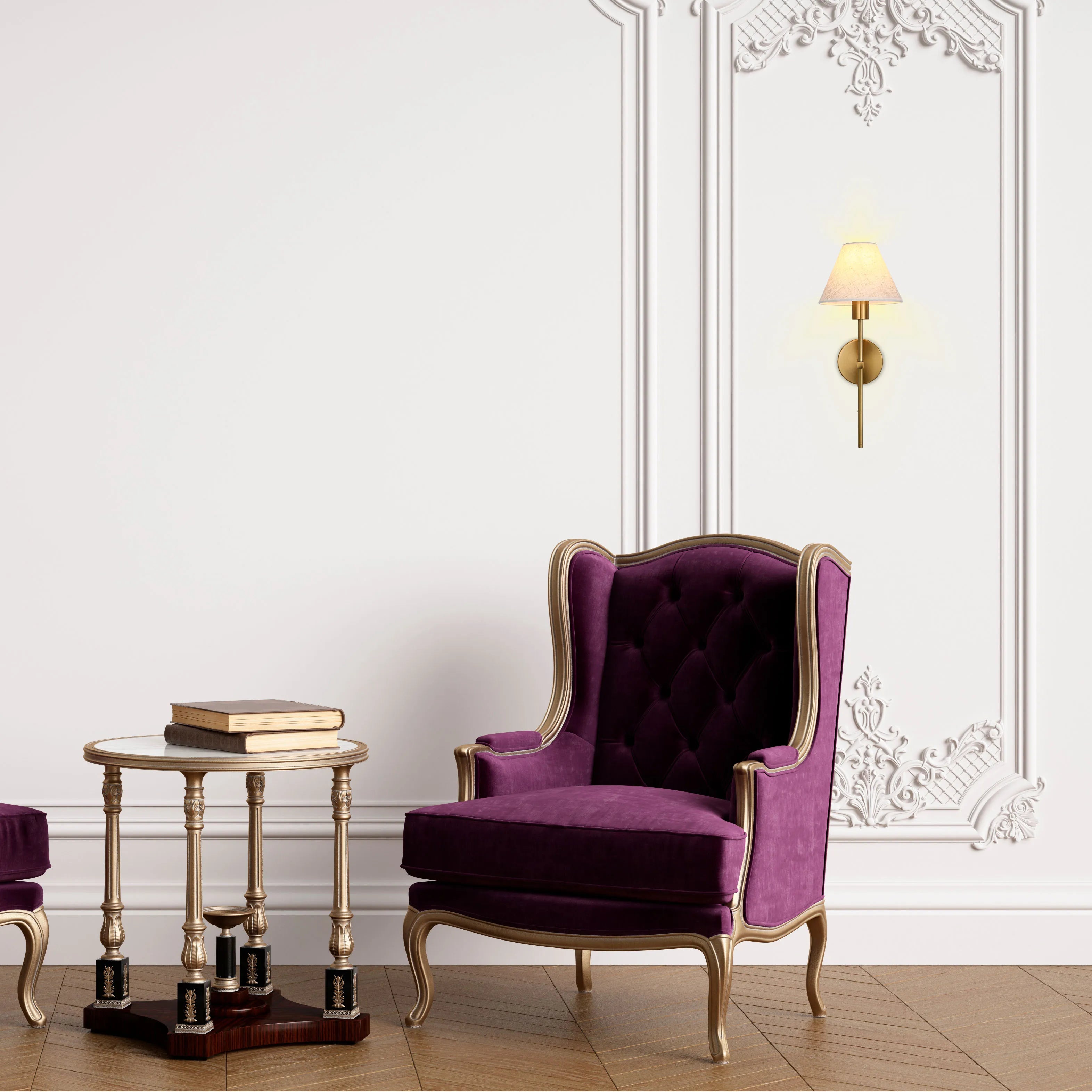 Wall mounted sconce with cream shade emitting a soft warm light, complementing the opulent decor in the room.