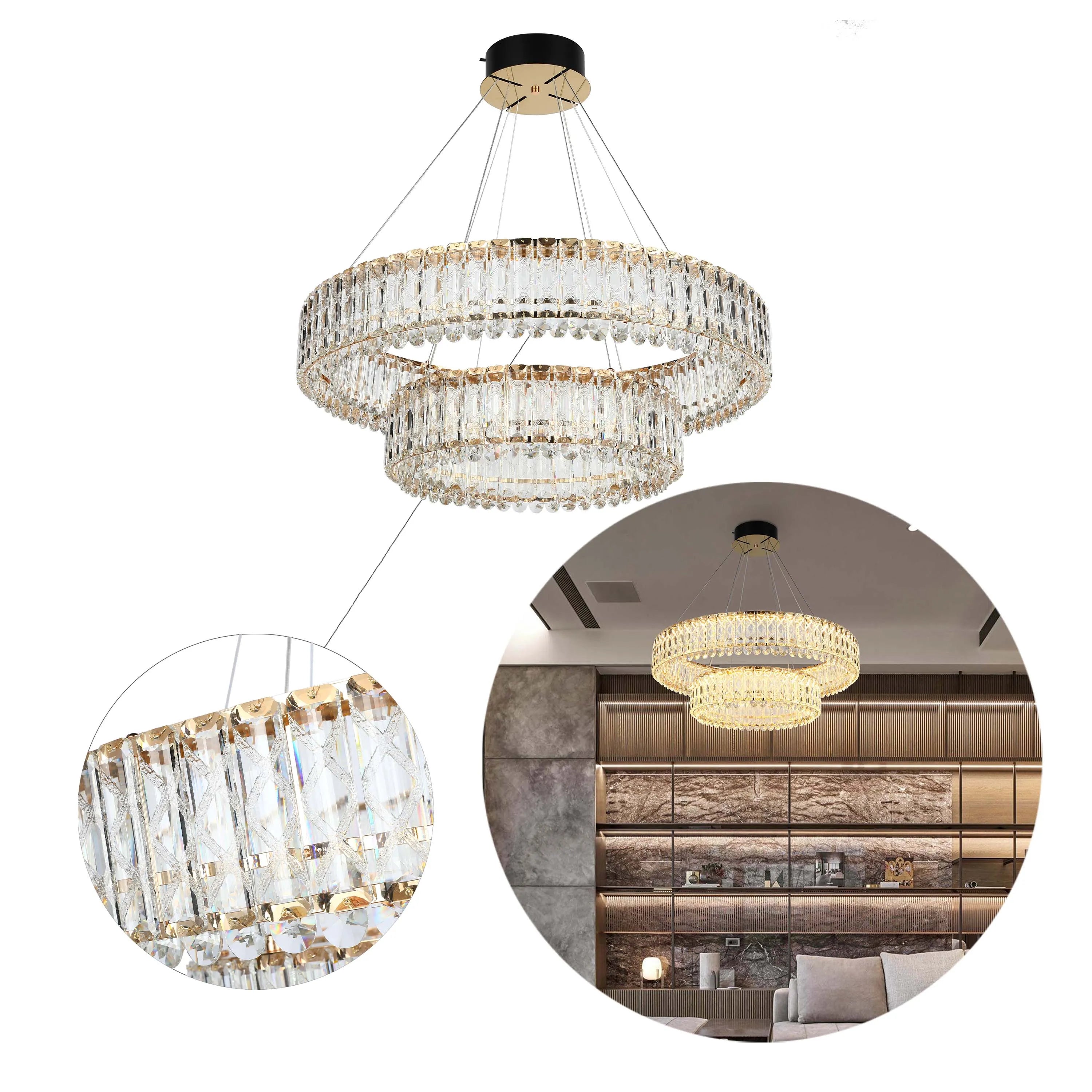 A modern chandelier with multiple crystal-encrusted rings, creating a dazzling and luxurious lighting effect.