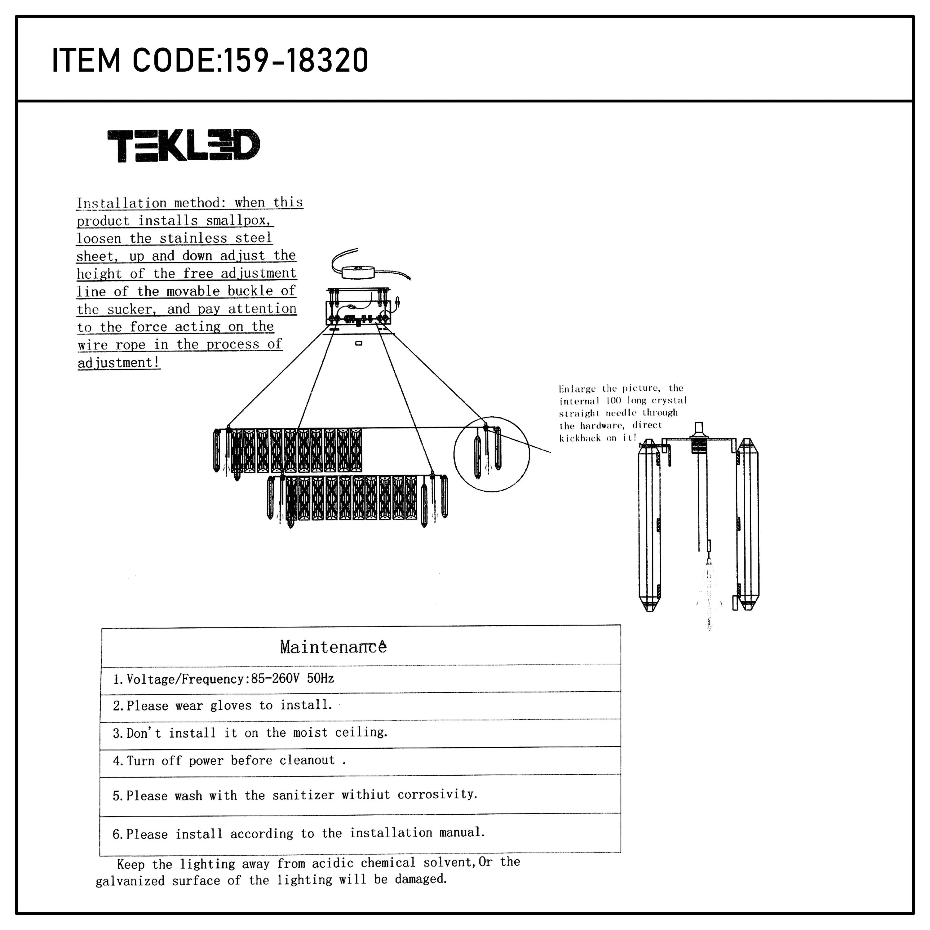 A decorative ceiling light fitting with multiple dangling crystal effect prisms, installation and maintainence instructions are visible.