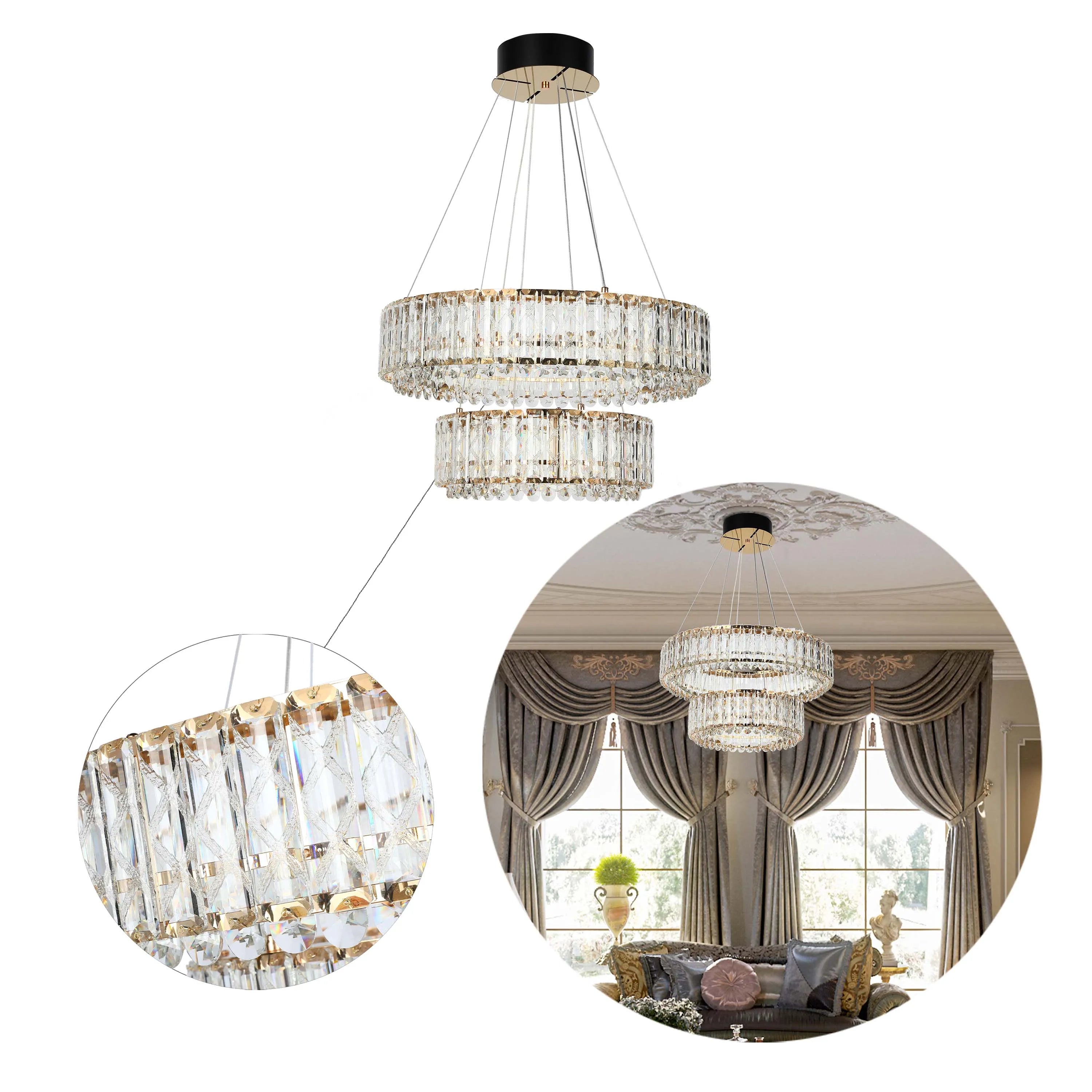 A two-tier crystal chandelier on display. Includes a close-up of the crystal elements and placement in a living room.