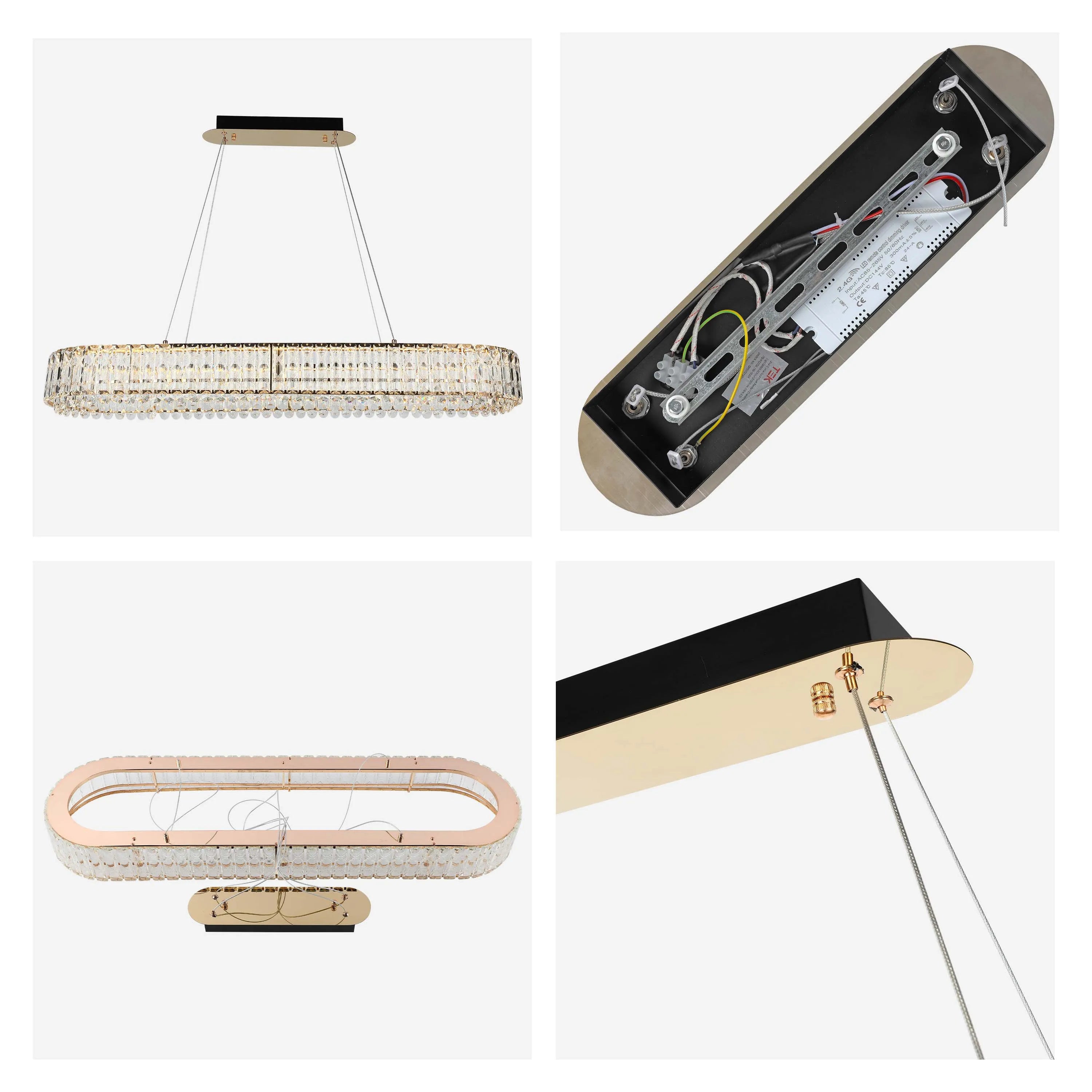 A stylish, modern crystal chandelier with a sleek, oval design. A perfect statement piece for contemporary spaces.