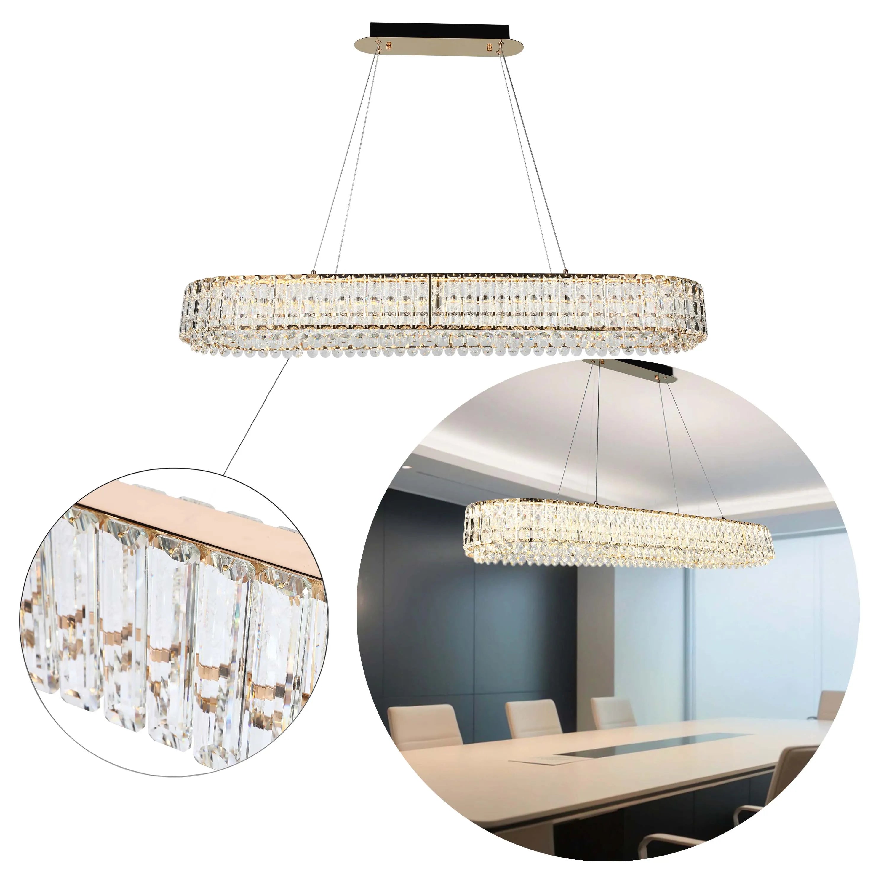 Stylish crystal chandelier, with rectangular design and droplet details. Offers a modern, elegant lighting solution.