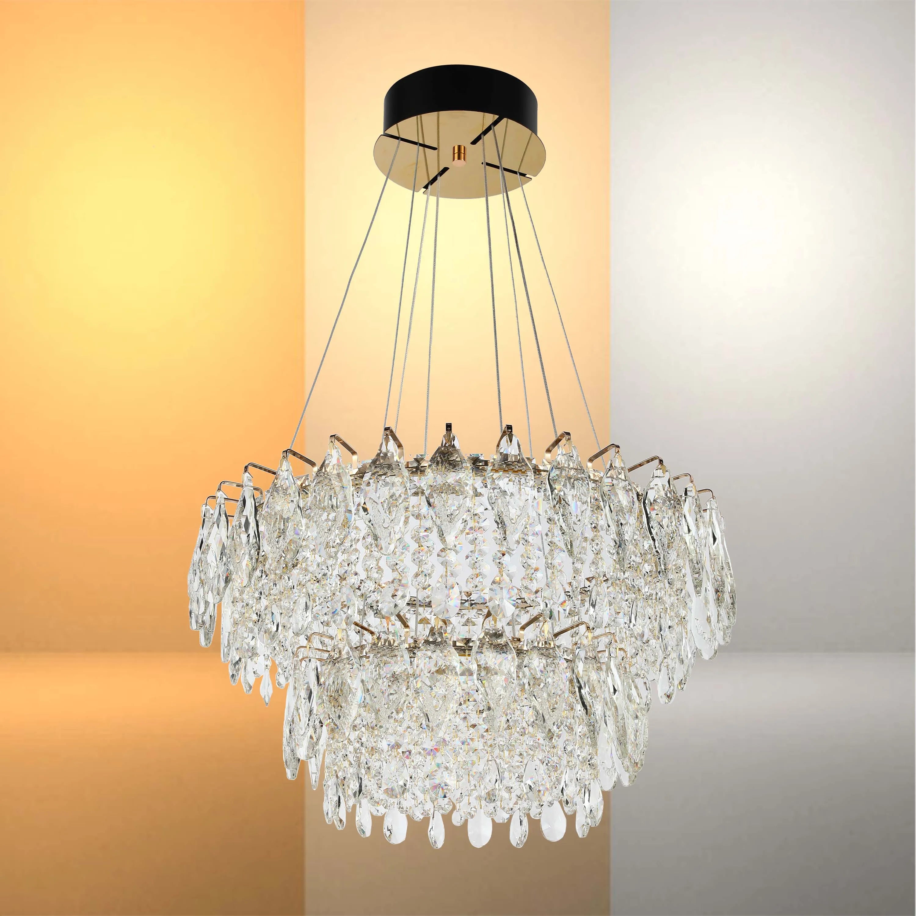 A luxurious crystal chandelier with a two-tiered design, radiating elegance and modern charm.