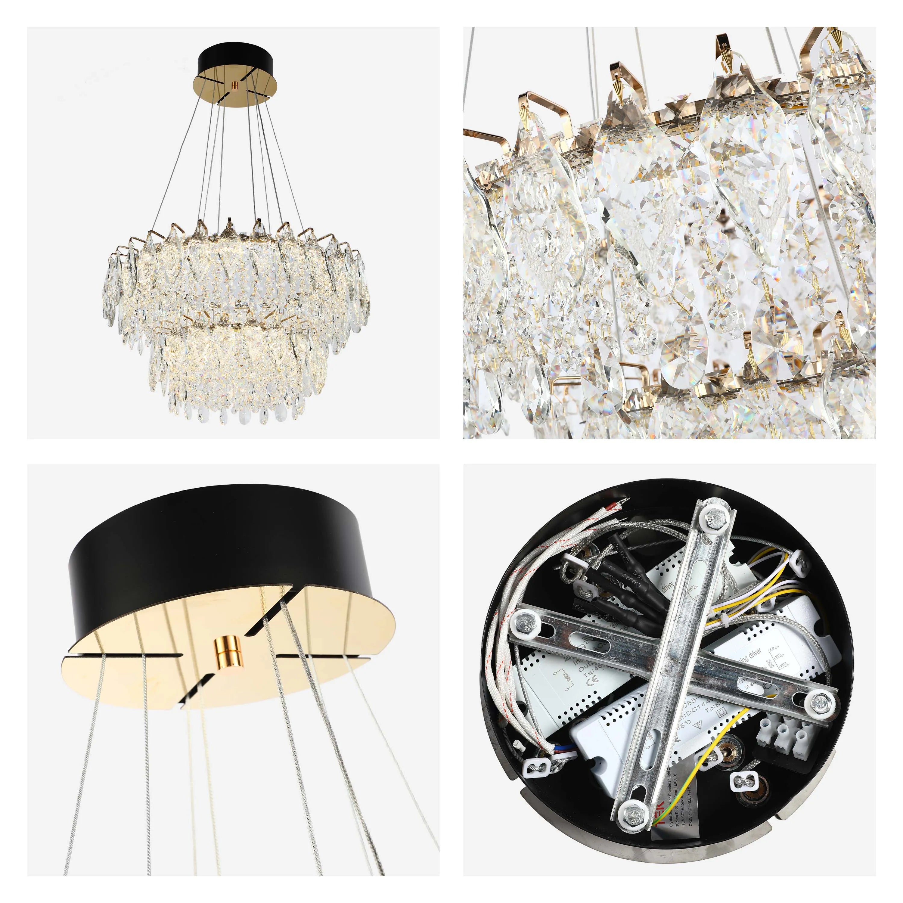 A modern crystal chandelier, offering a touch of glamour with its tiered design and black/gold colour scheme.