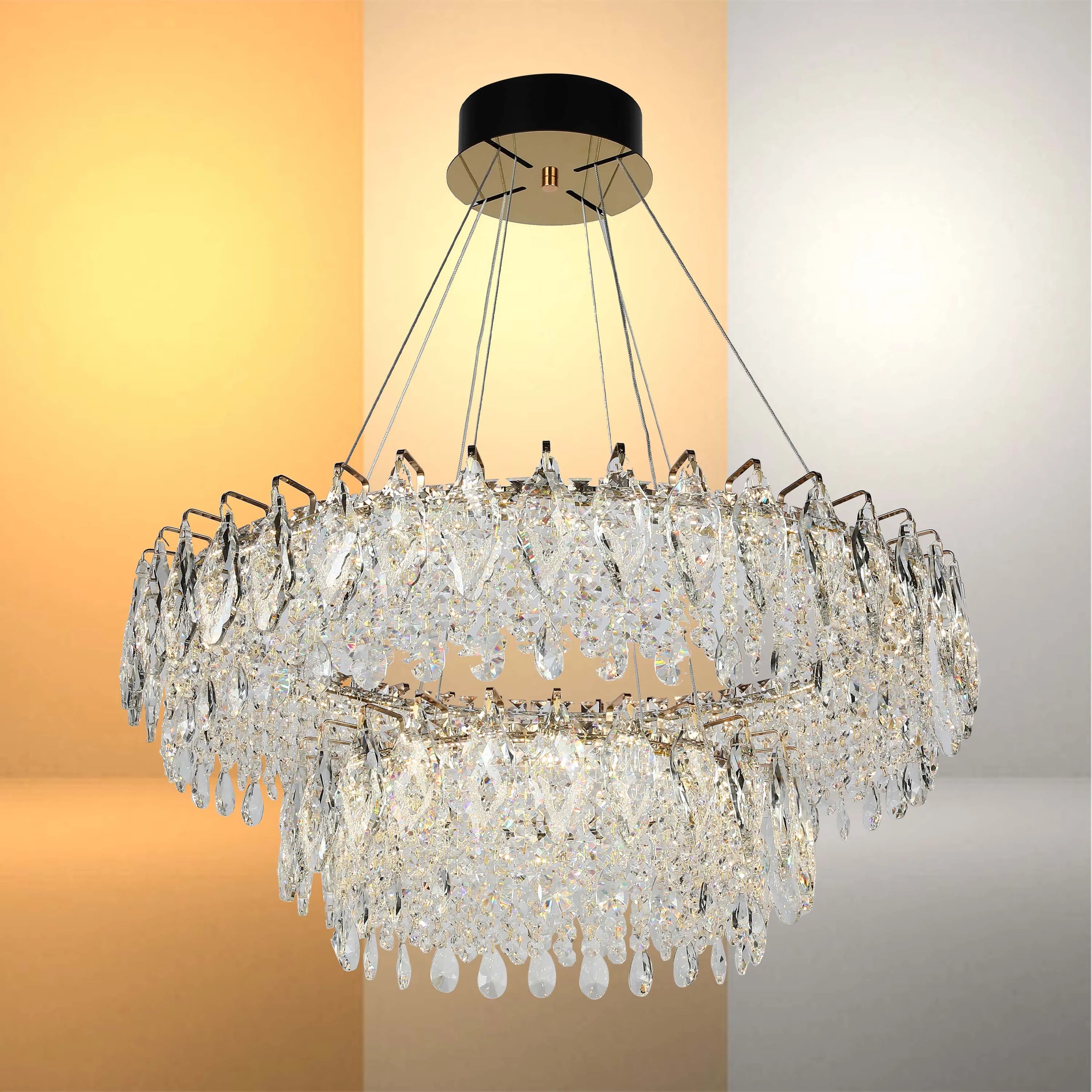 A stunning two-tiered crystal chandelier adds glamour. Its shimmering light creates a luxurious ambience in any space.