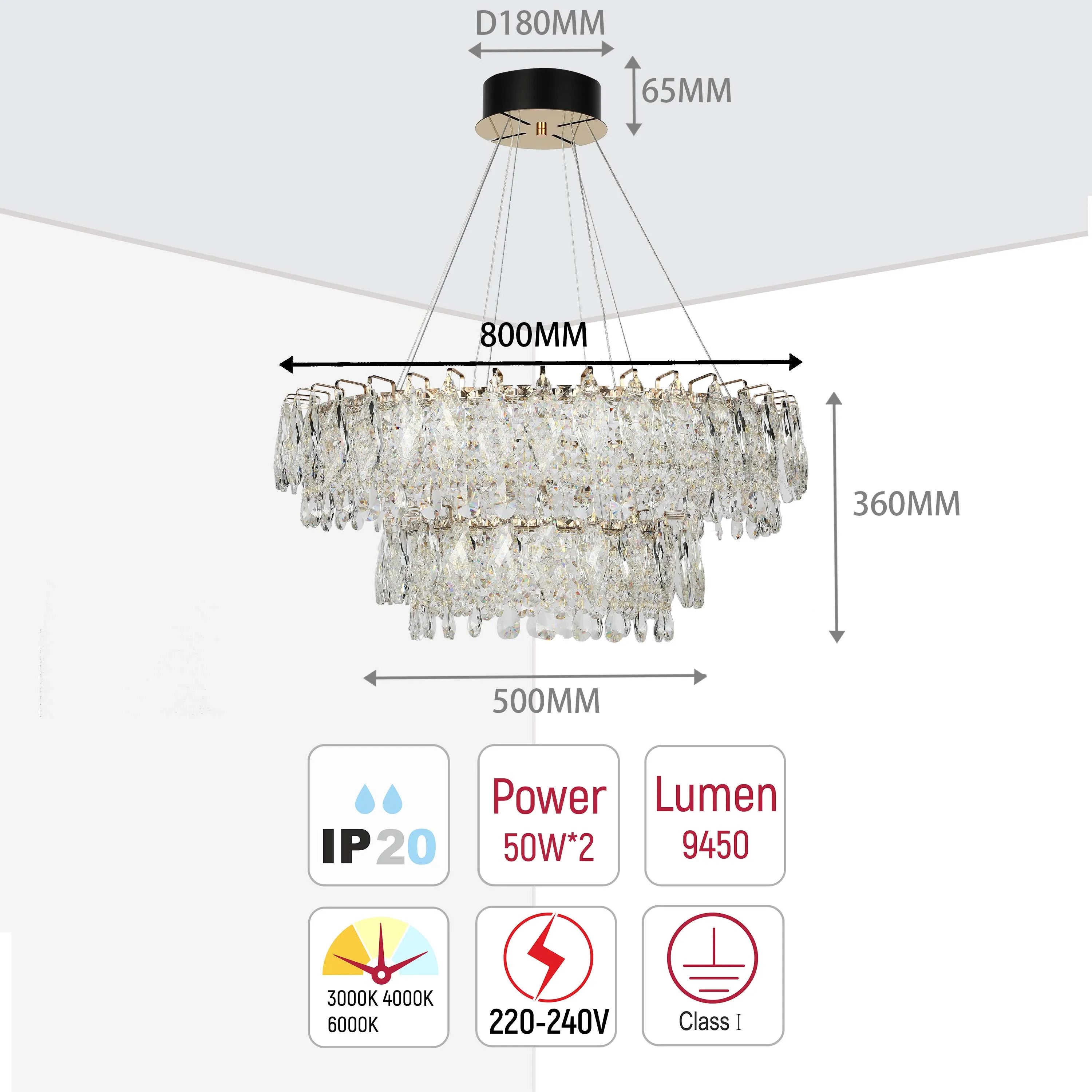 A dazzling crystal chandelier with technical specifications, perfect for adding elegance and ample light to any space.