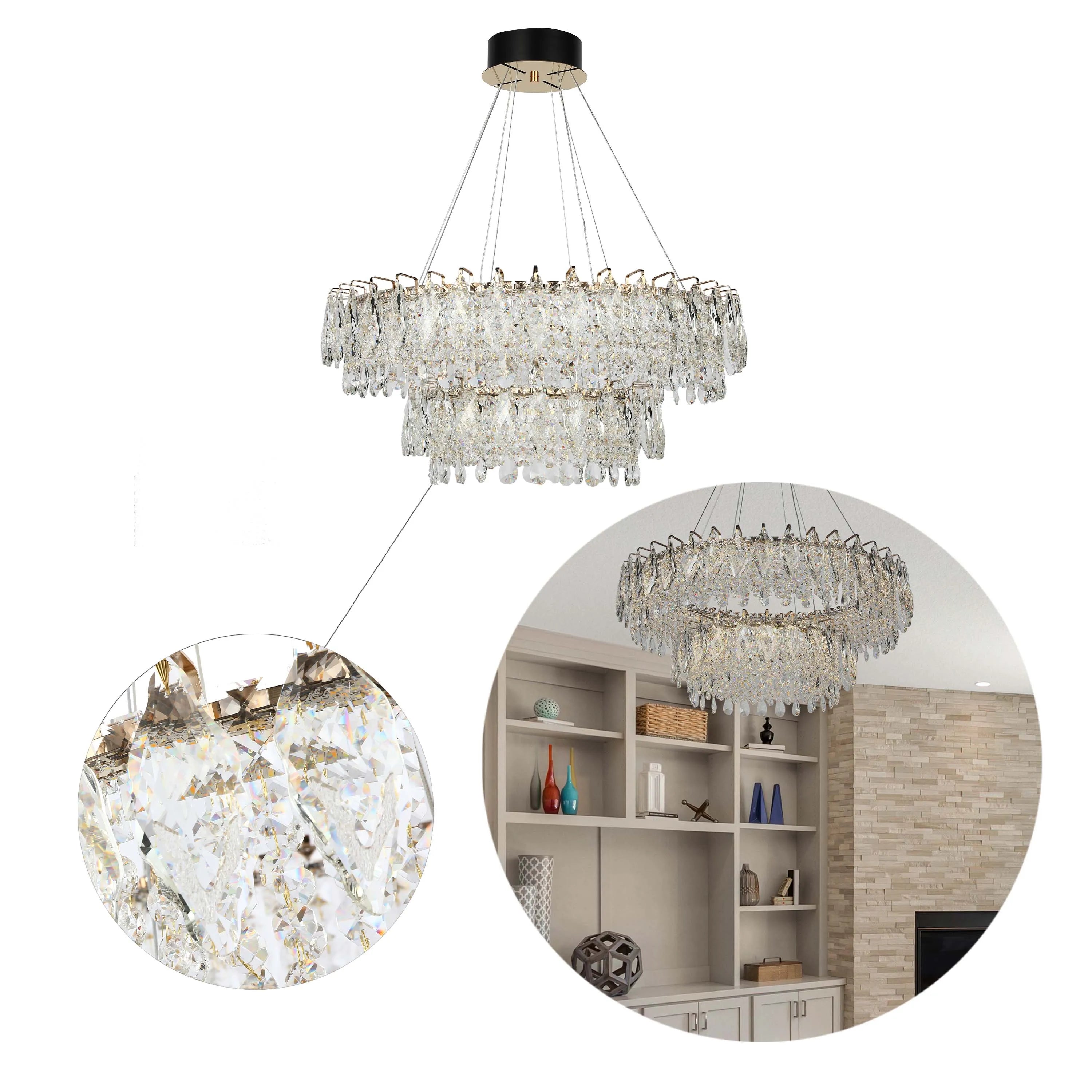 A modern chandelier with multiple tiers of sparkling crystal, suspended from a dark ceiling mount. It offers bright, decorative illumination.