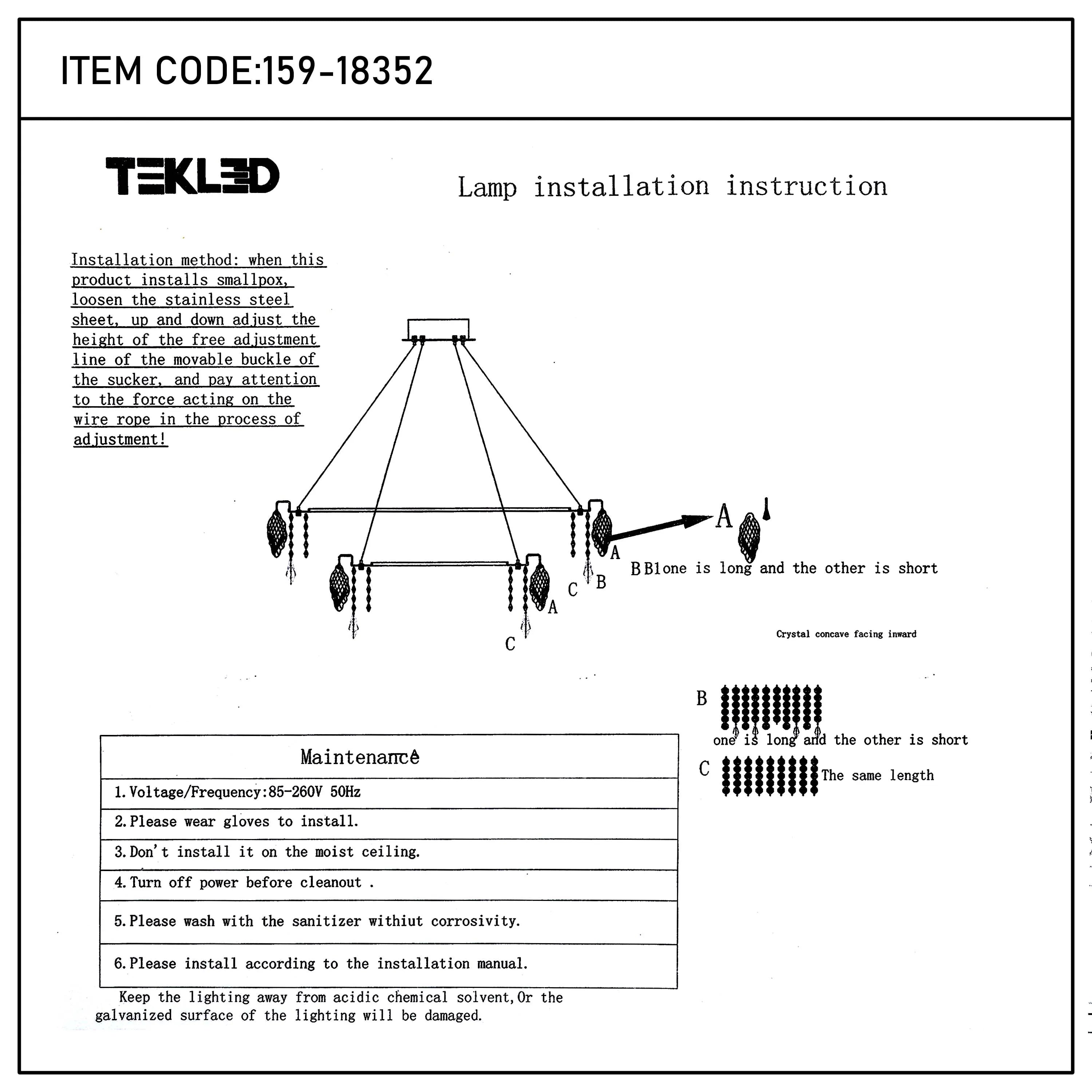 Hanging chandelier lamp with crystal pendants. Features adjustable height and maintenance instructions for safe cleaning.