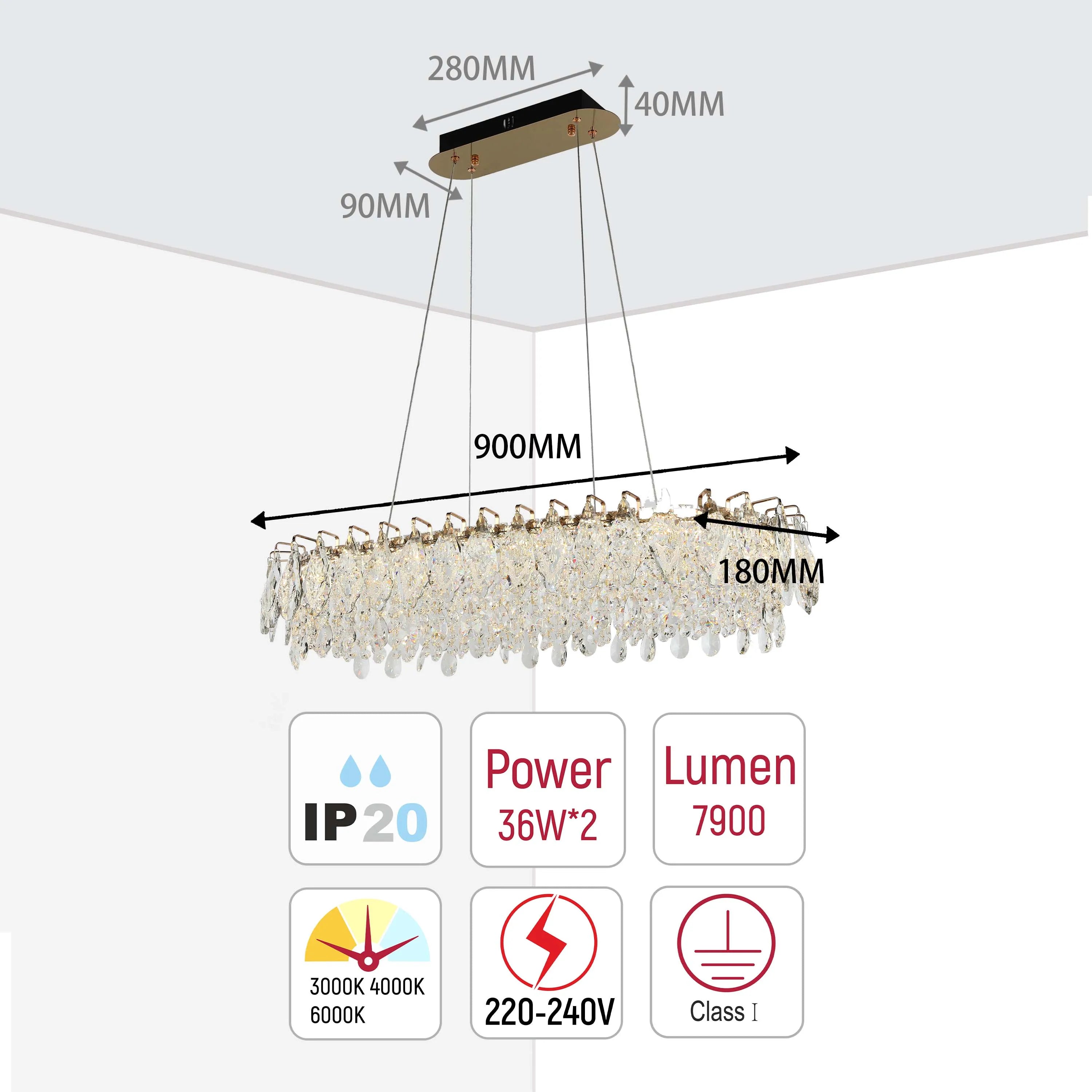 A glamorous crystal chandelier with dimensions labelled. It has a rectangular shape and is suspended from the ceiling.