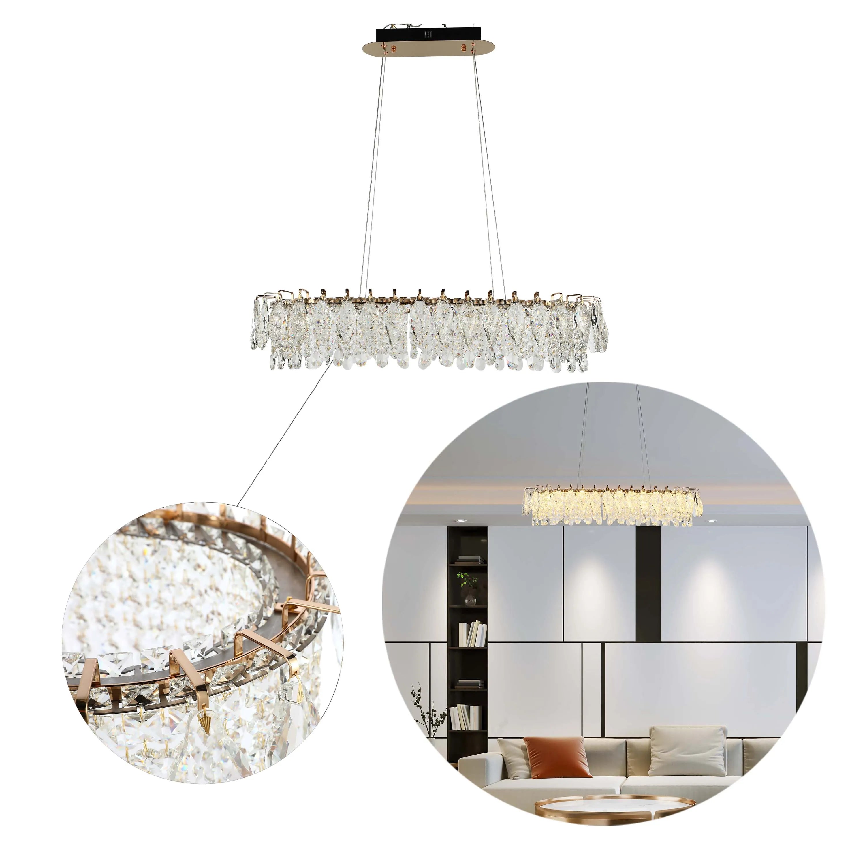 A long, rectangular chandelier with hanging crystals is suspended above a stylish living area, providing a luxurious feel.
