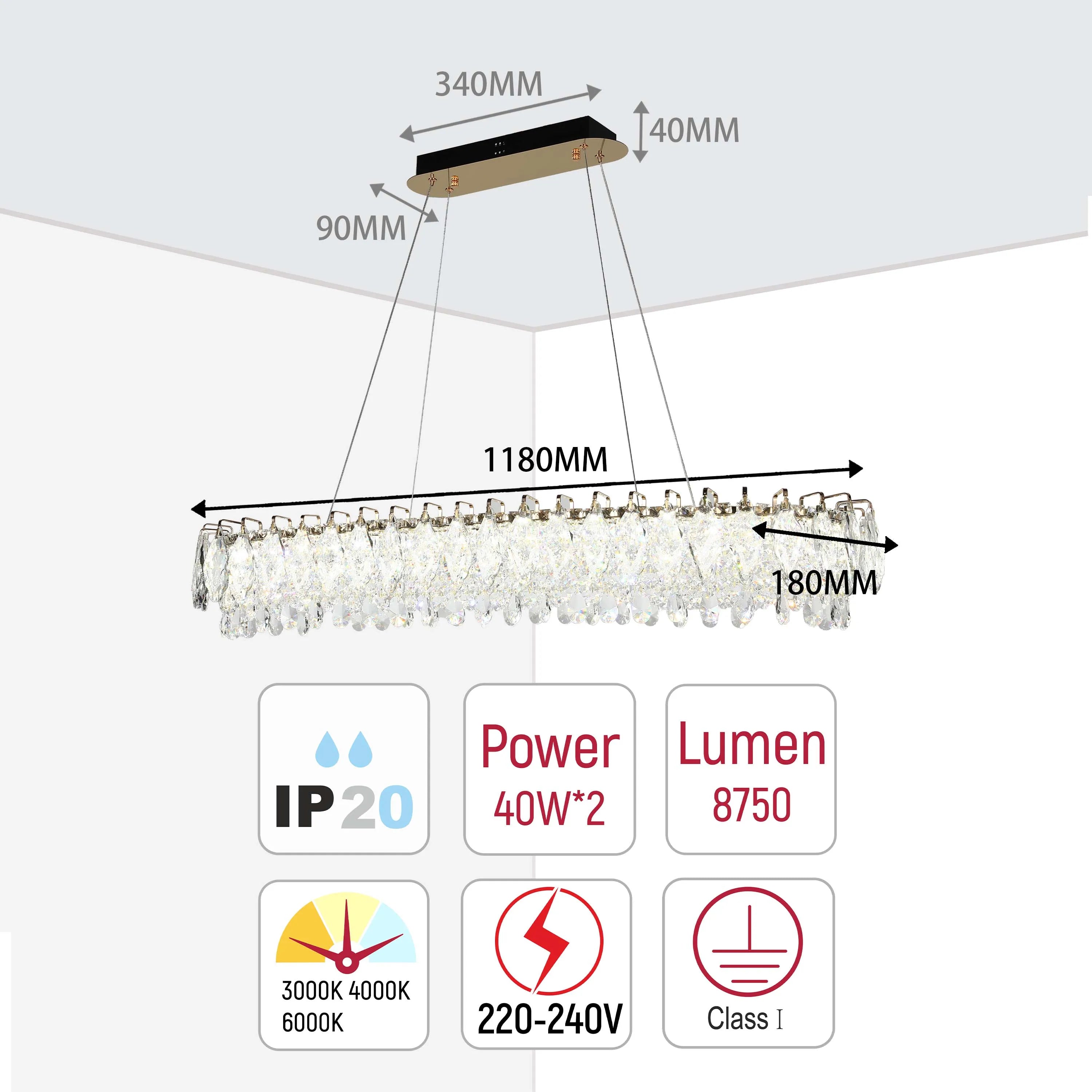 Contemporary rectangular chandelier with crystal droplets. Dimensions included: 1180mm x 180mm.