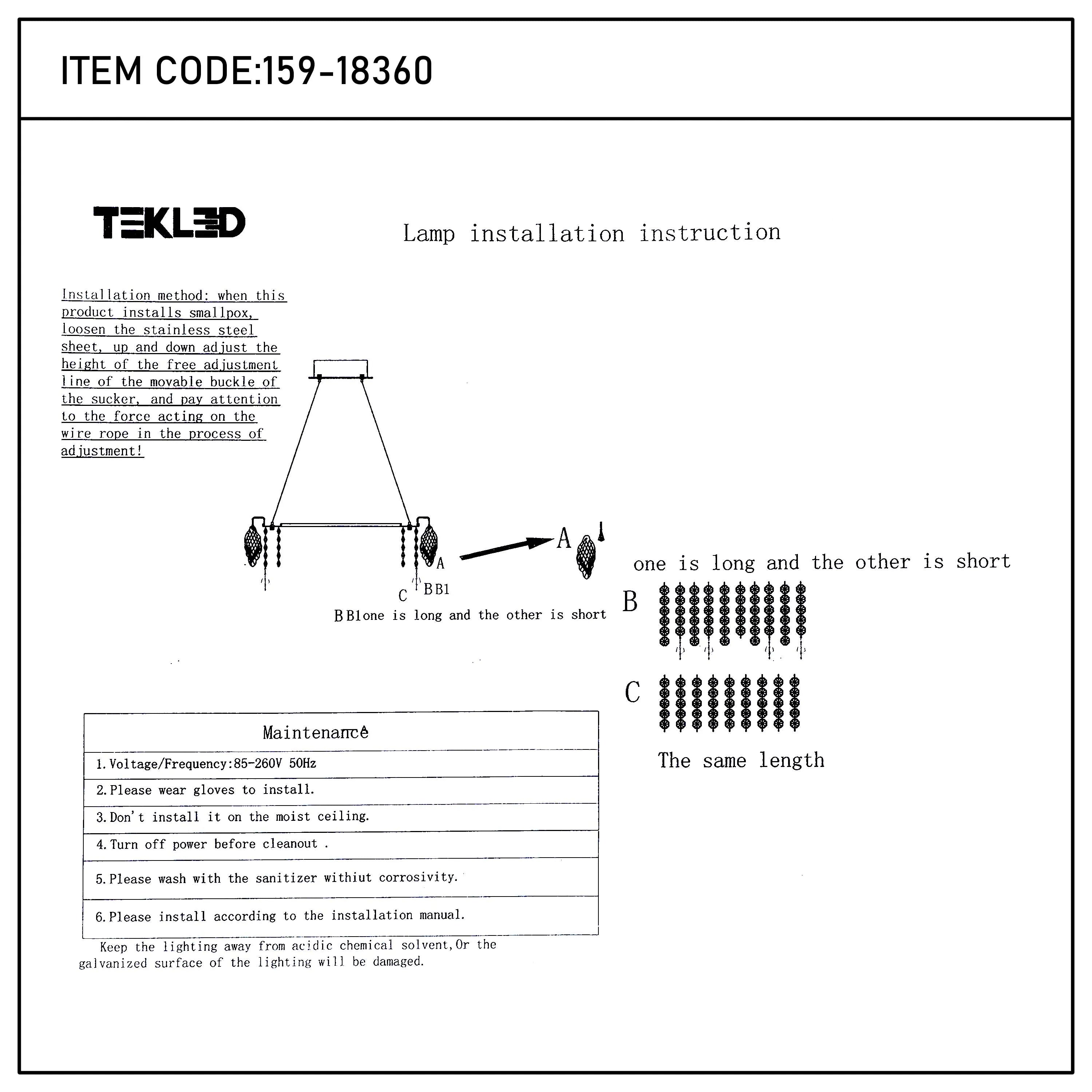 Lighting fixture installation instructions with diagrams for chain lengths. Shows components and voltage information.