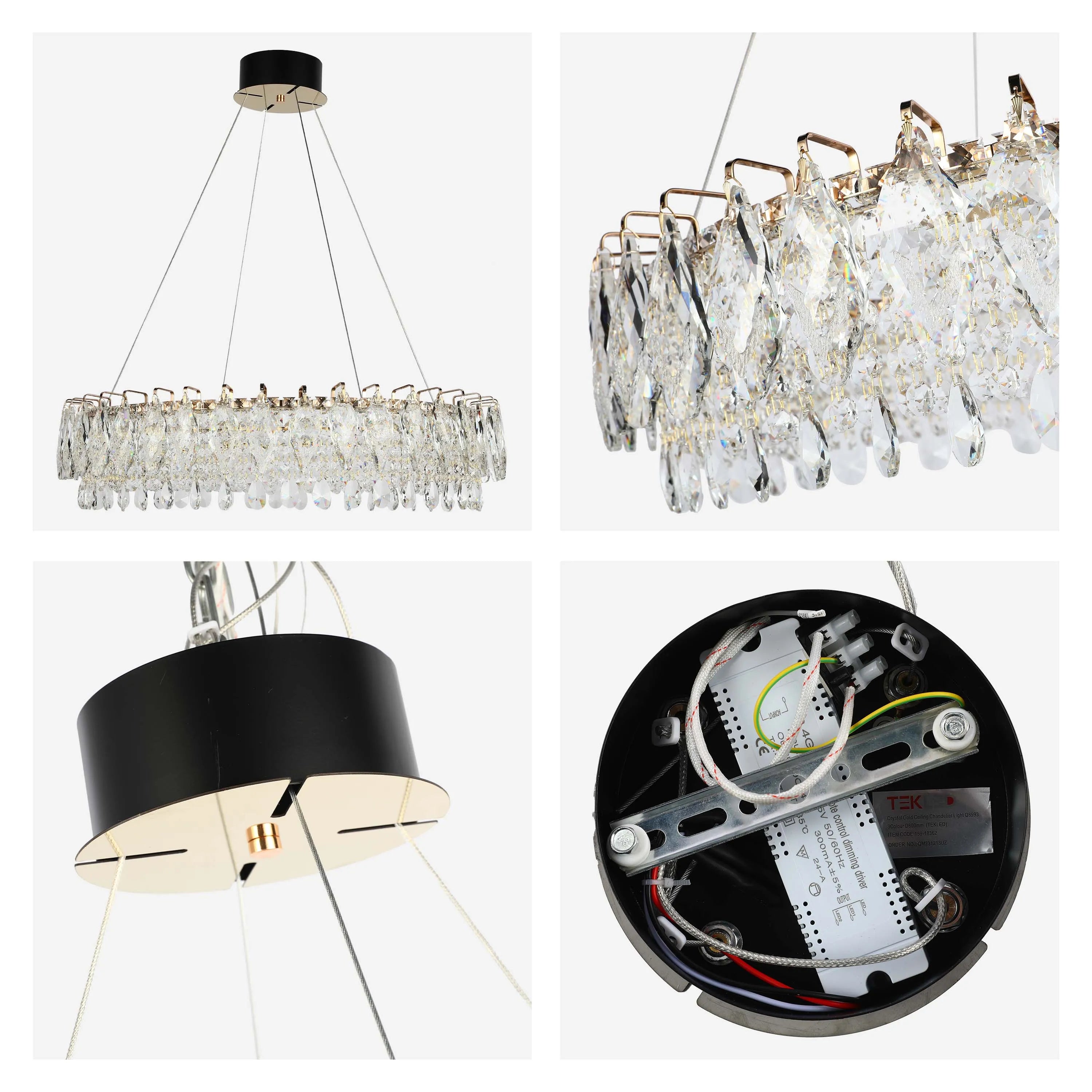 A glamorous crystal chandelier with a gold frame, suspended by wires from a black ceiling mount. Close-ups of the crystals and wiring are shown.