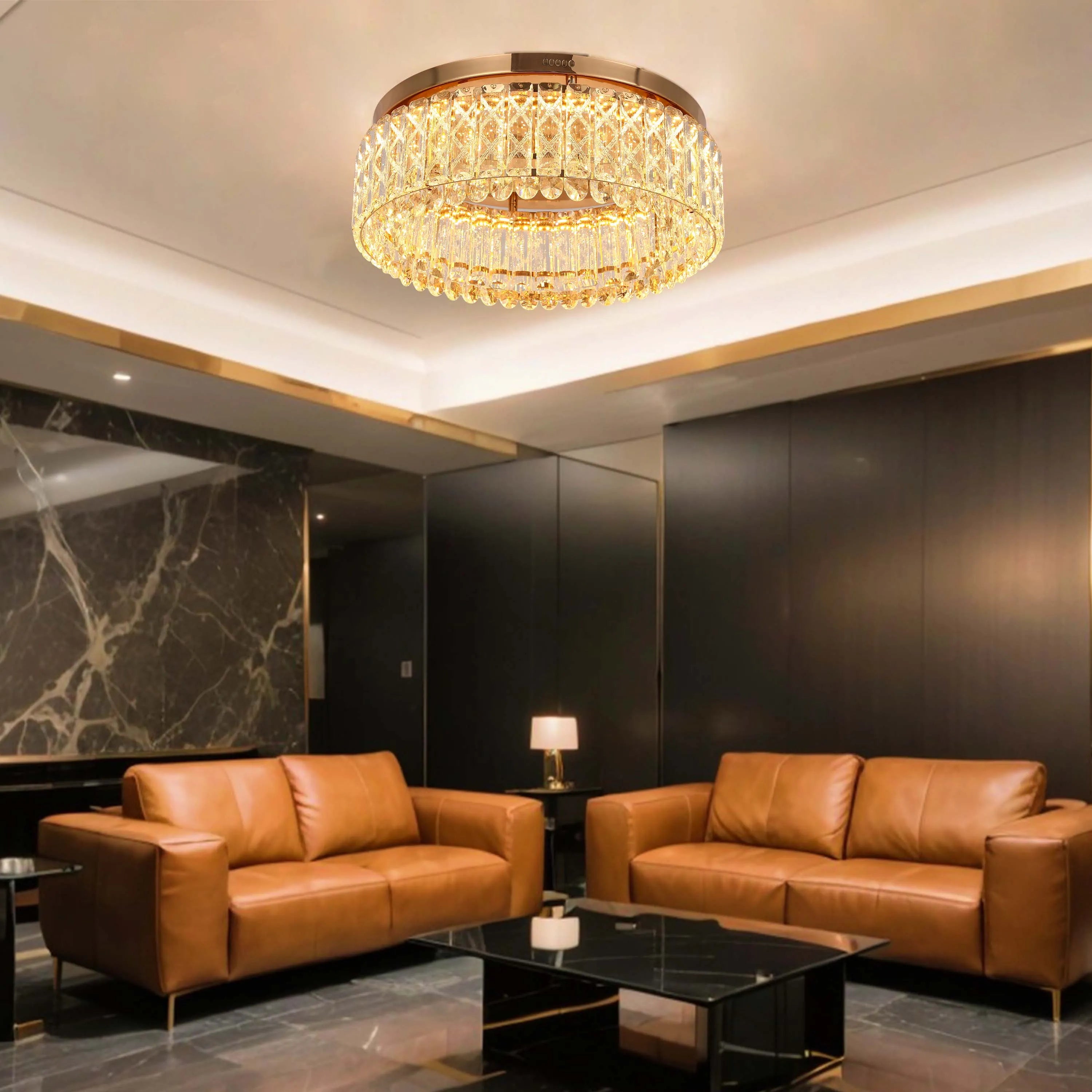 A lavish, modern ceiling light fixture emitting a warm glow over a stylish living room. Statement lighting adds a touch of luxury.